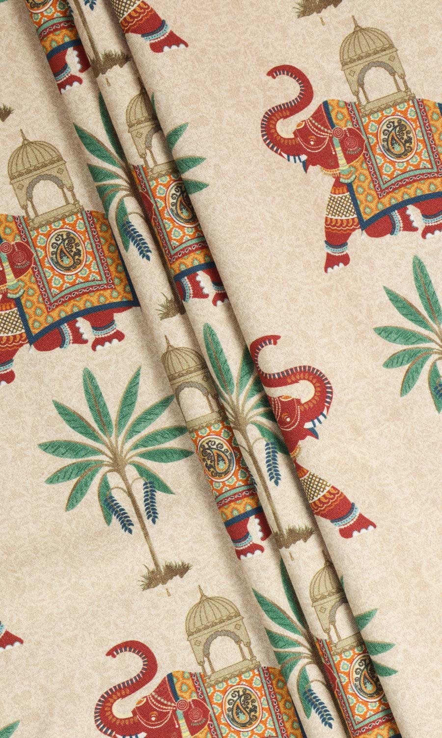 Elephant Print Cotton Fabric Material By the Yard (Ivory/ Red/ Green)
