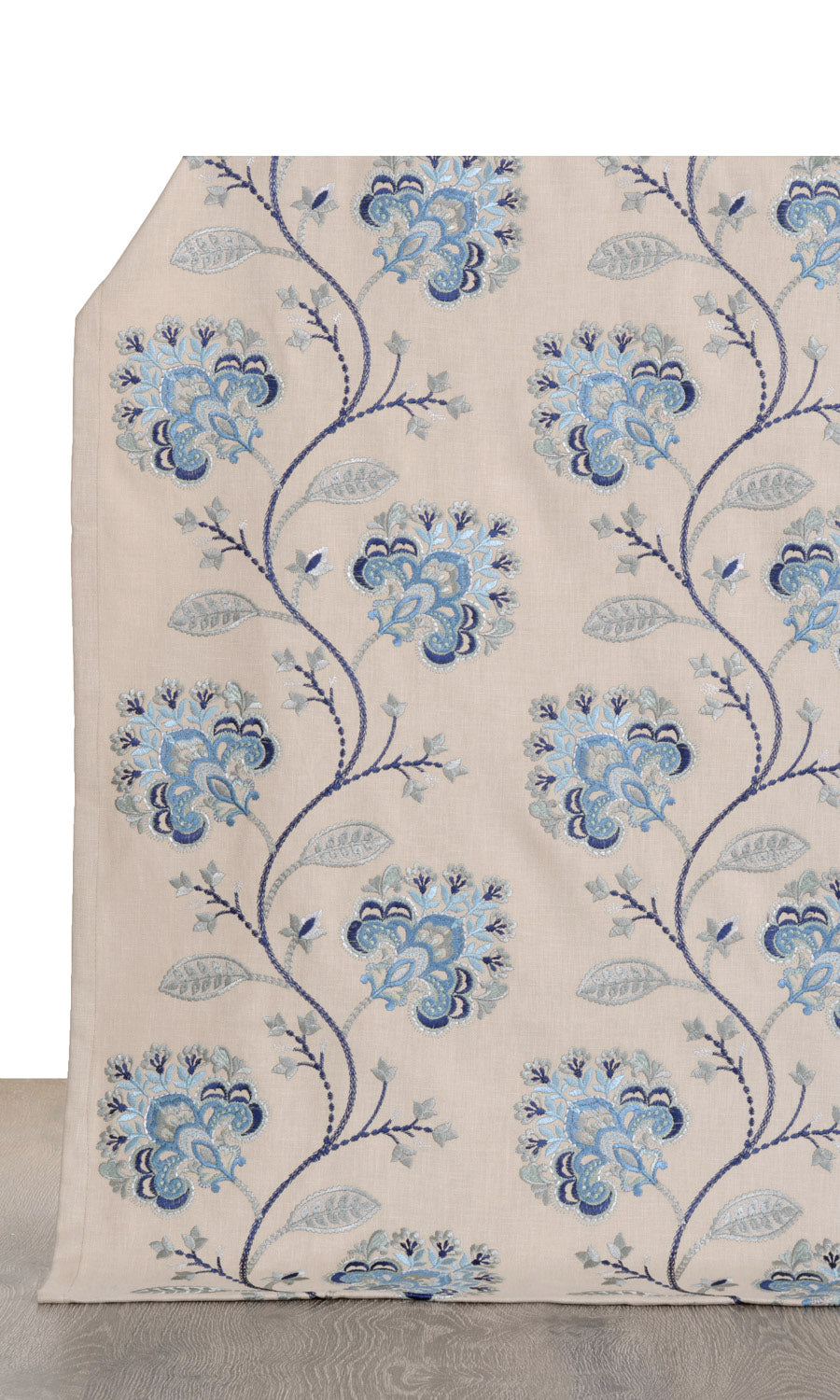 Floral Embroidered Cotton Window Treatments Fabric Sample (Beige/ Blue)