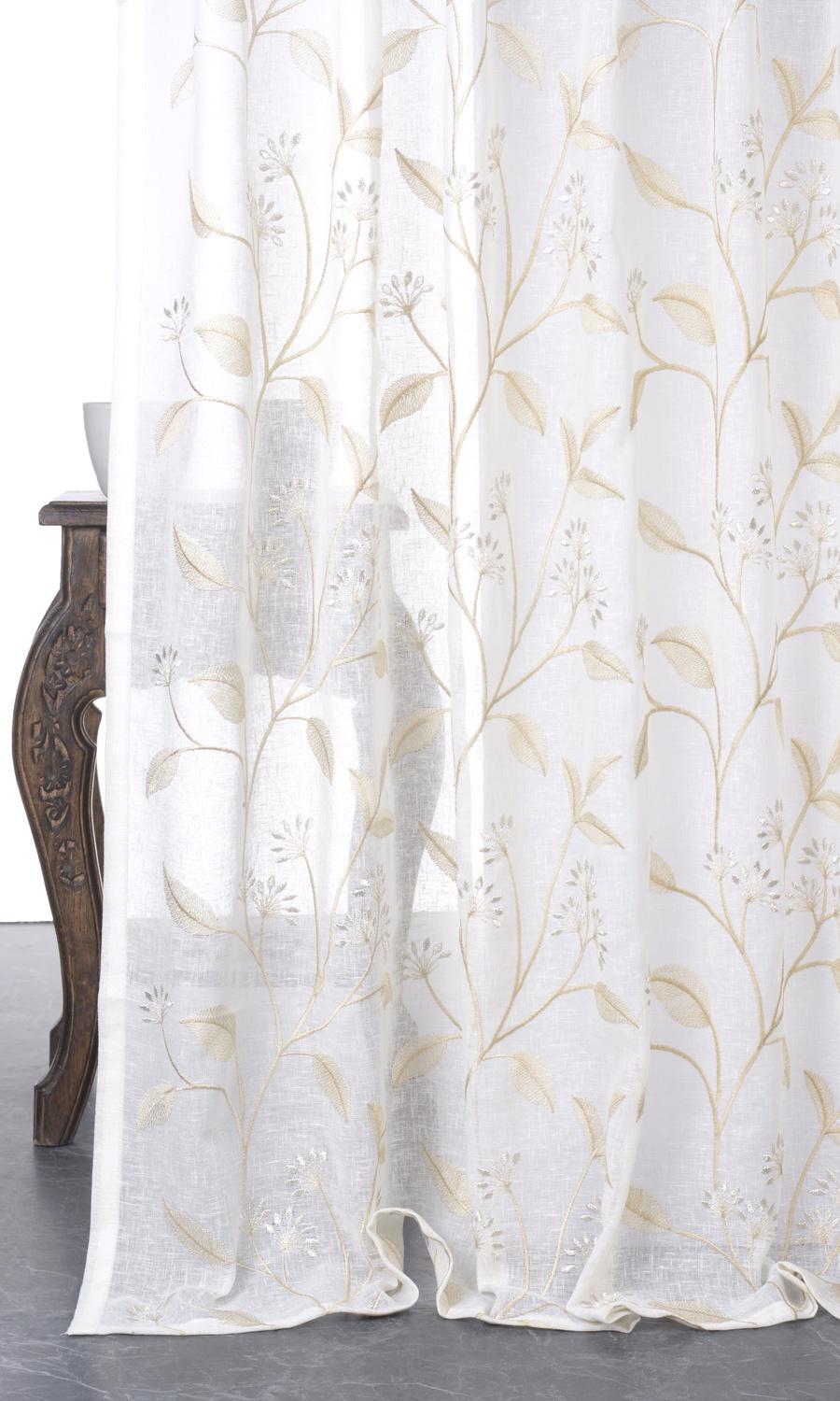 Sheer Floral Embroidered Home Décor Fabric By the Yard (White/ Beige)