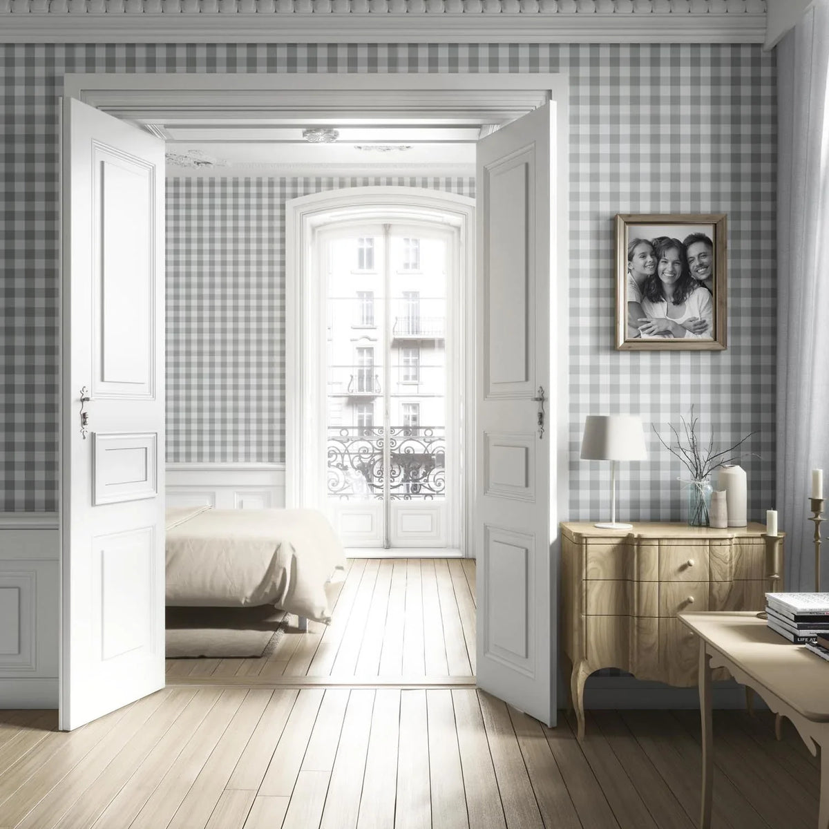 Geometric Gingham Kitchen Wallpaper (Grey)