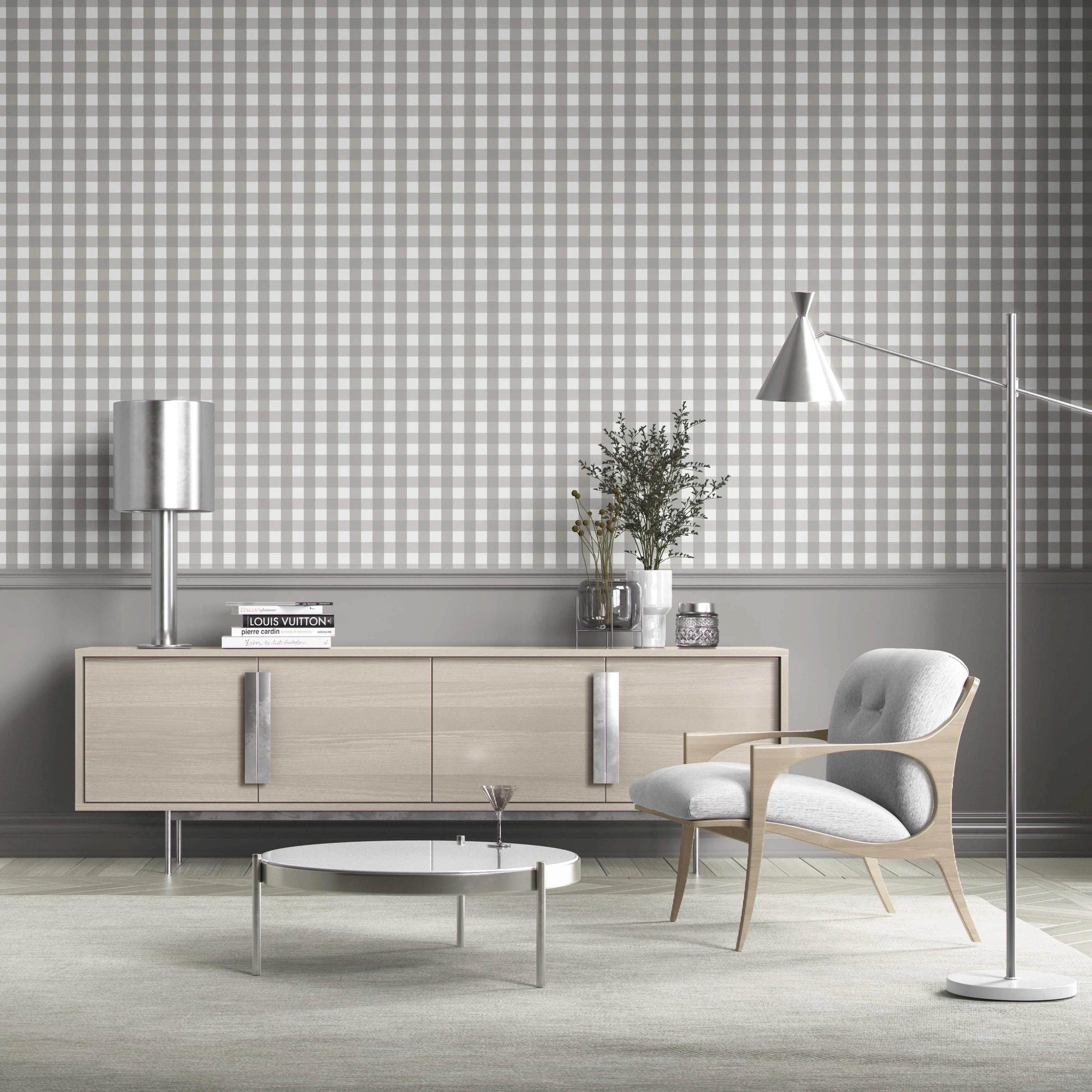 Neutral Geometric Gingham Kitchen Wallpaper (Stone Grey)