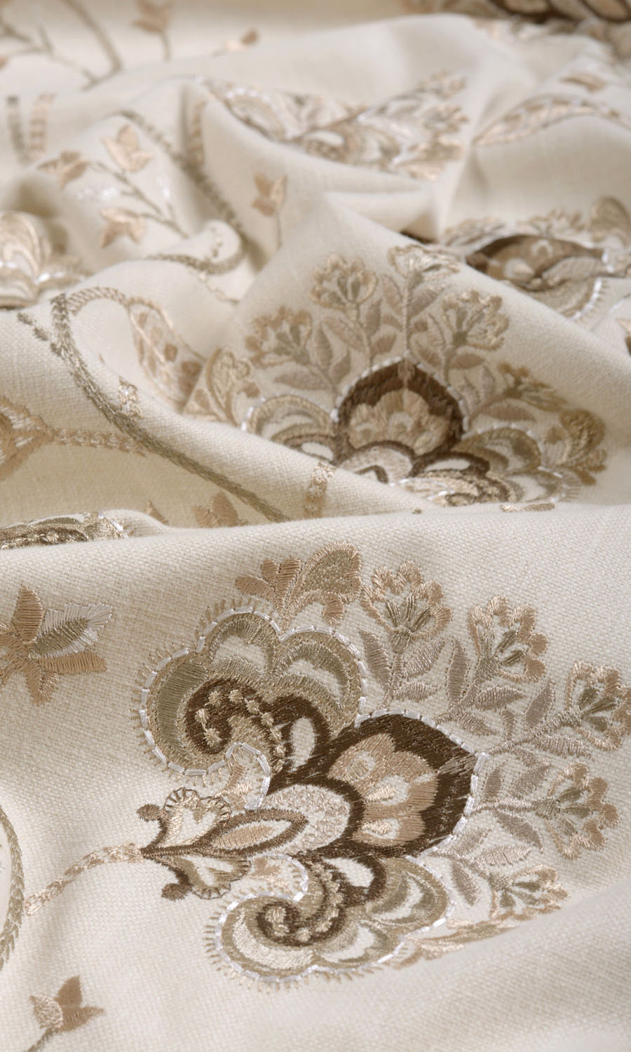 Vine Embroidered Window Treatments Fabric By the Yard (Latte Beige/ Brown)