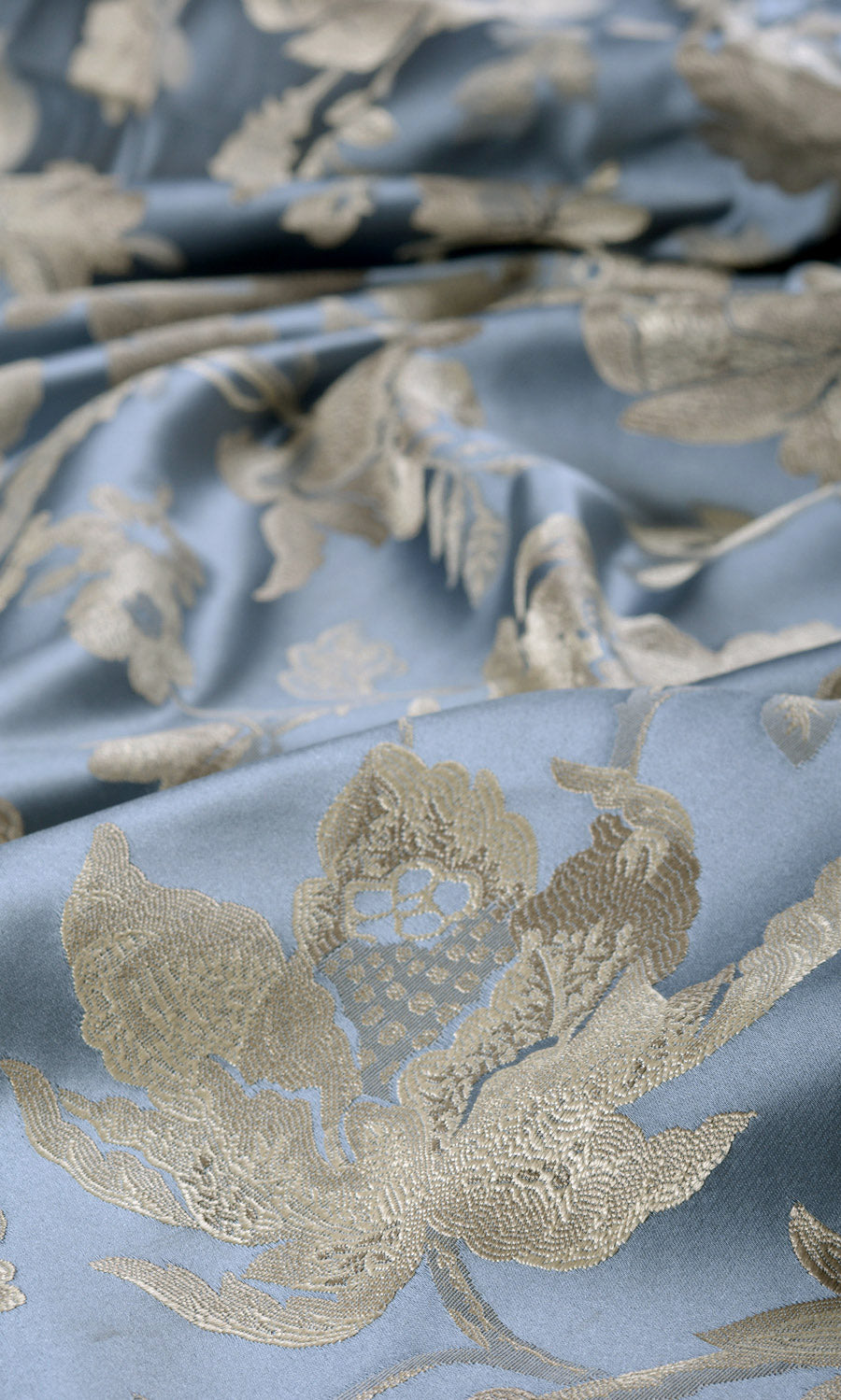 Floral Faux Silk Fabric Sample for Curtains & Drapes (Indigo Blue/ Greige)