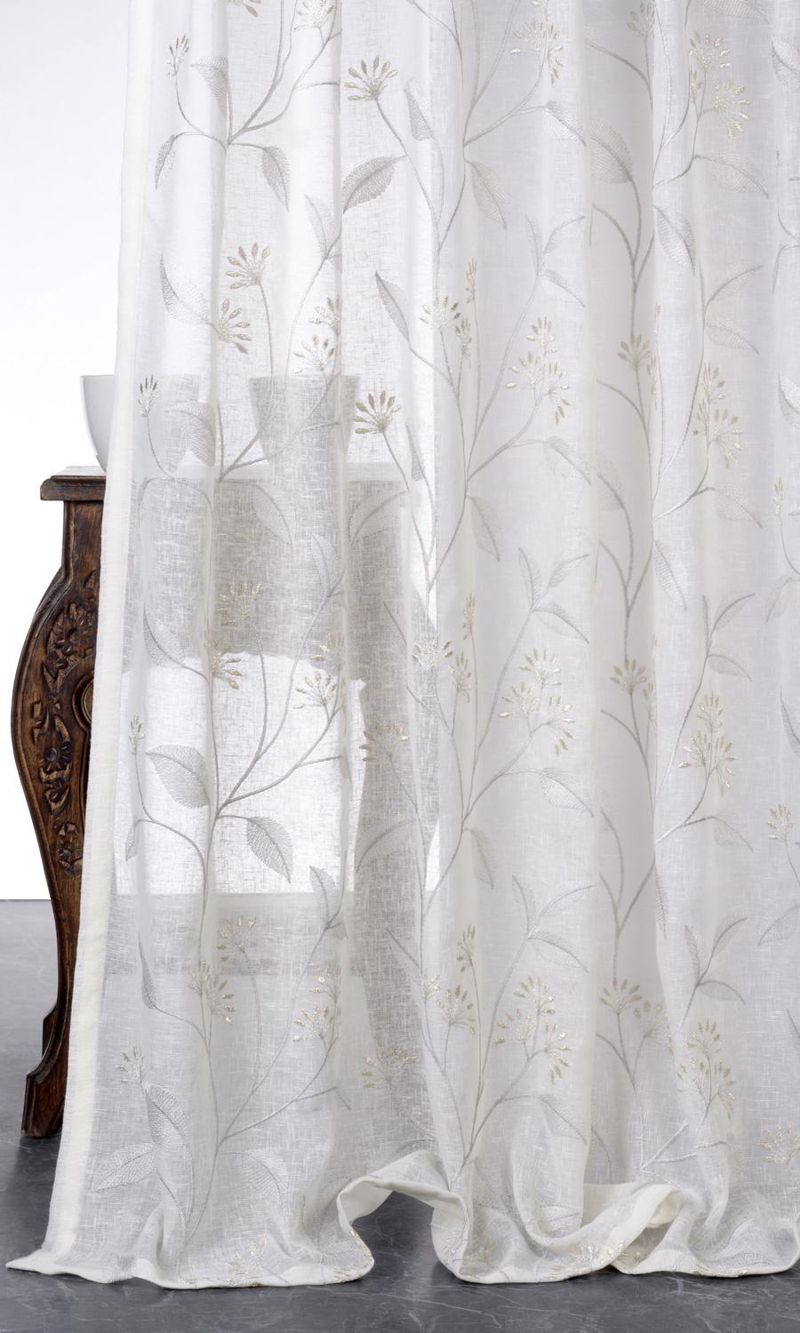 Sheer Floral Embroidered Home Décor Fabric By the Yard (White/ Cream)