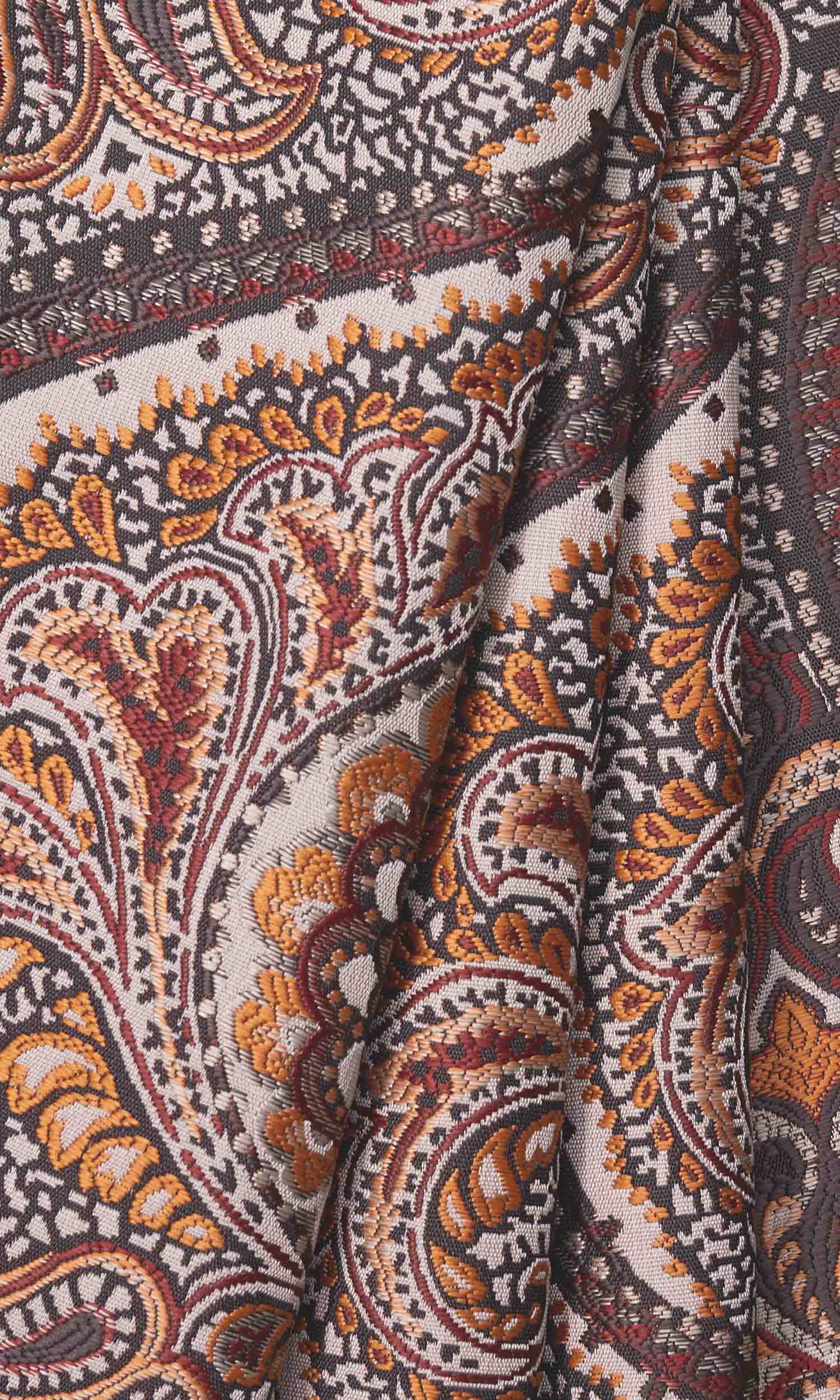 Damask Window Treatments Fabric Sample (Umber Brown/ Red/ Yellow)