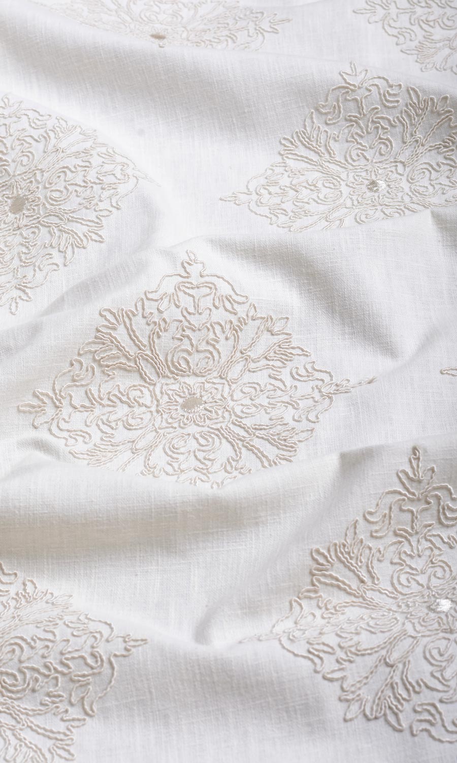 Poly-Linen Embroidered Window Treatments Fabric By the Yard (White/ Cream)