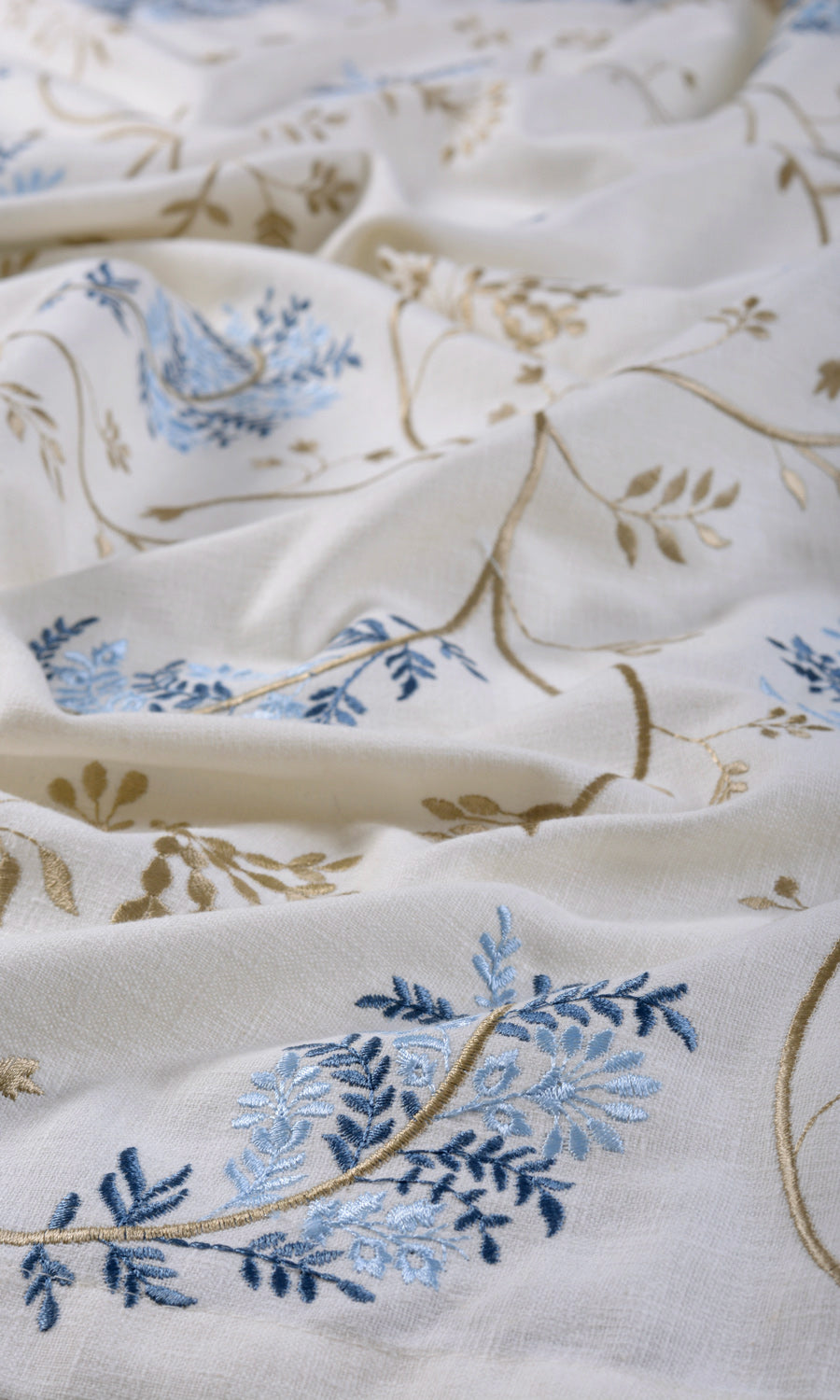 Floral Embroidery Fabric By the Yard for Curtains & Drapes (Brown/ Blue/ White)