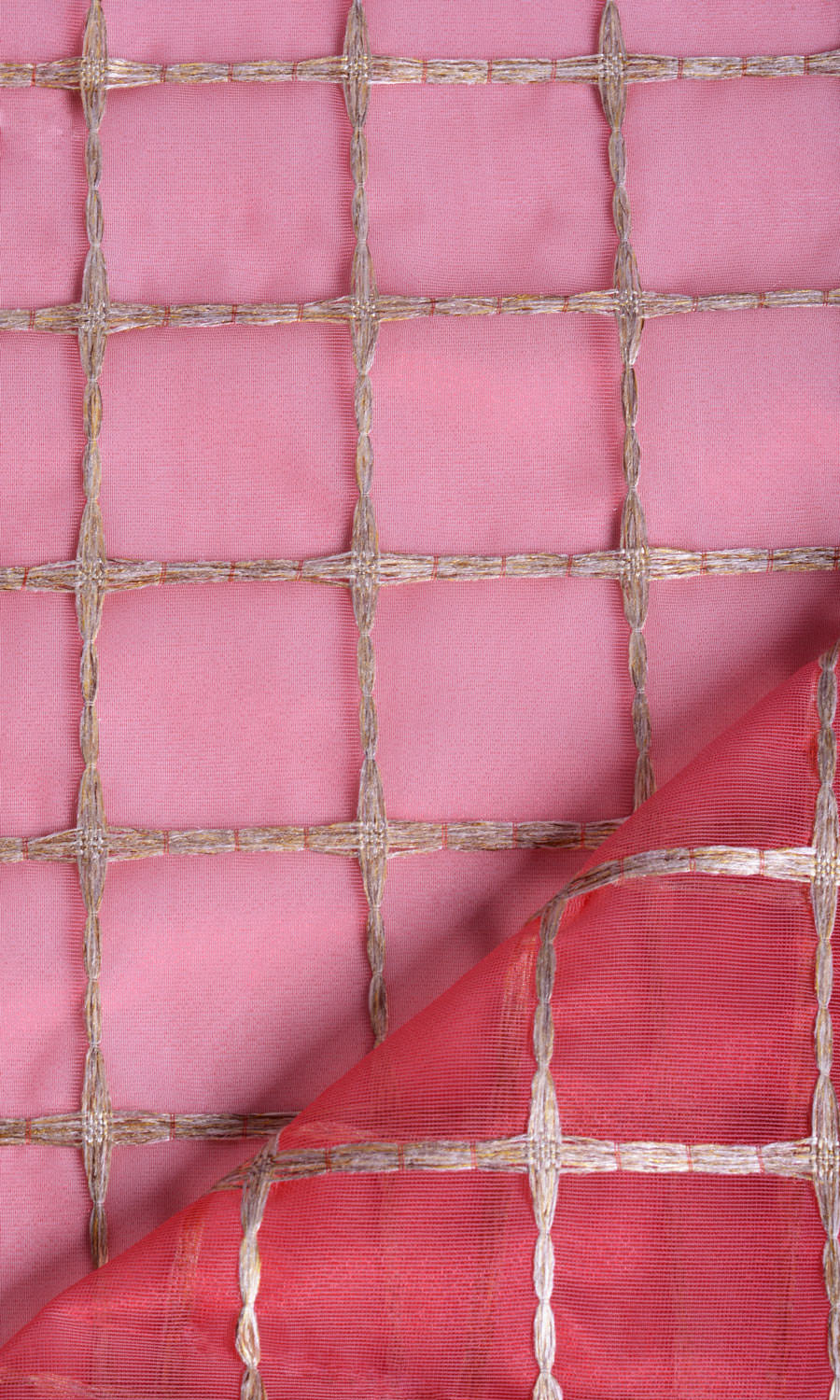 Checked Sheer Window Treatments Fabric Sample (Coral Red/ Pink/ Gold)