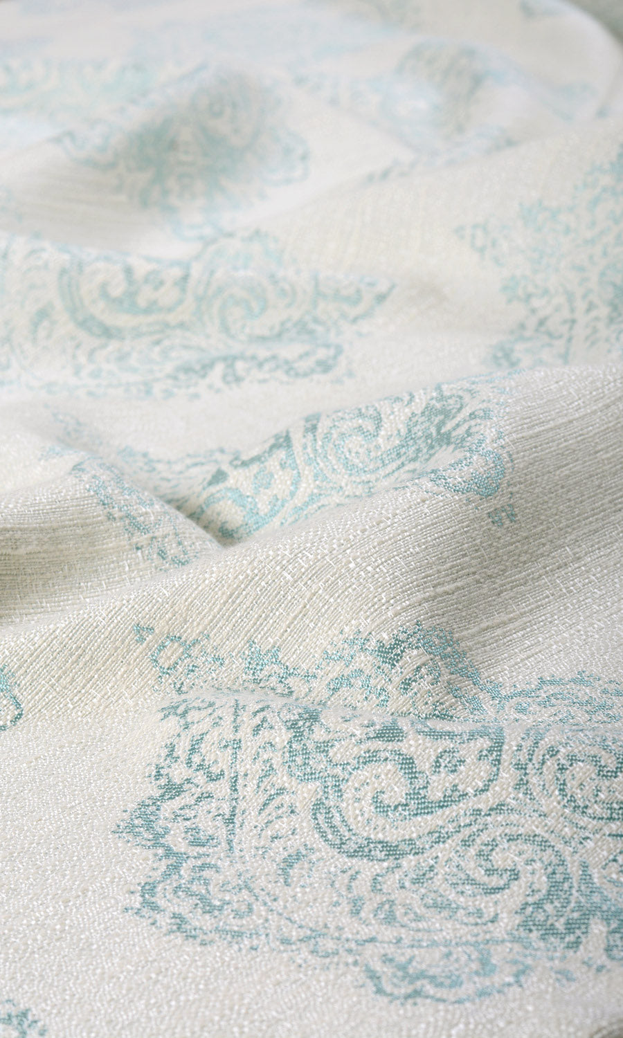 Damask Poly-Cotton Fabric By the Yard for Curtains & Drapes (White/ Blue)
