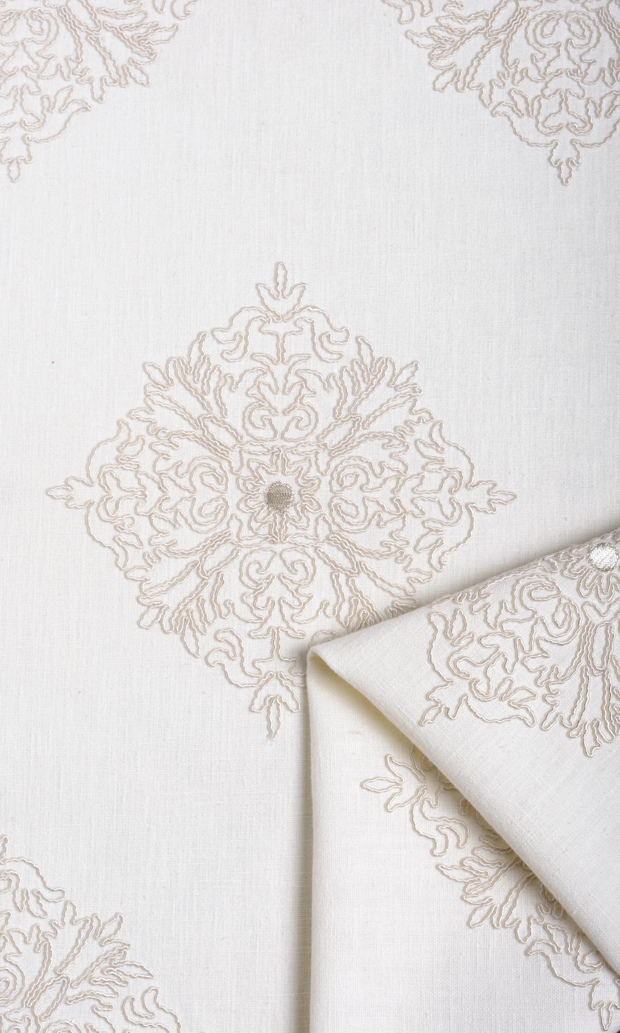 Poly-Linen Embroidered Home Textile Fabric Material By the Yard (White/ Cream)