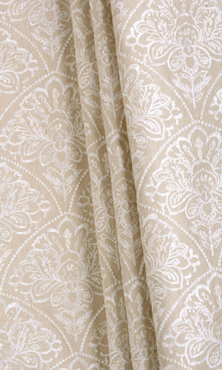 Embroidered Fabric Material By the Yard (Oatmeal Beige/ White)