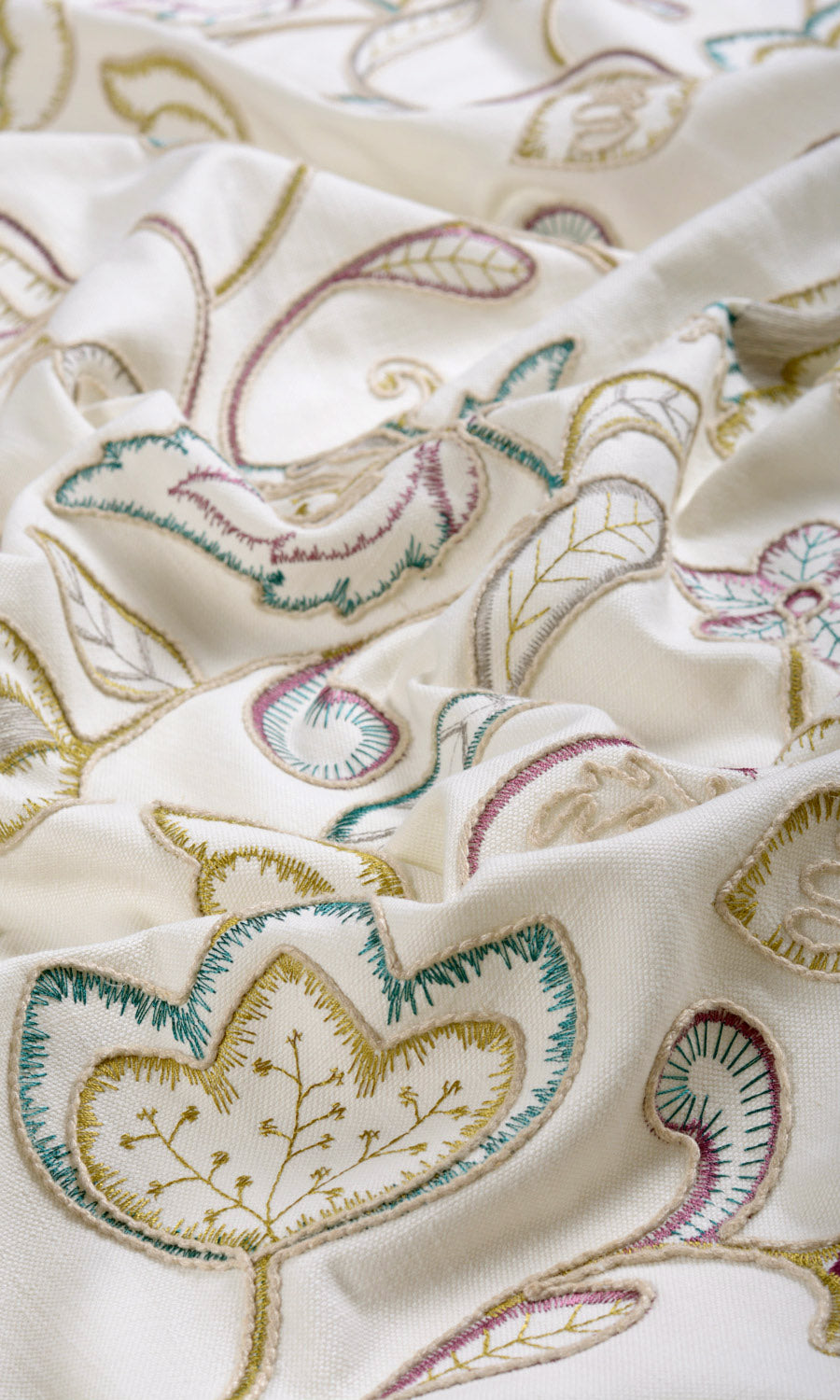 Vine Embroidered Home Décor Fabric By the Yard (White/ Green/ Pink)