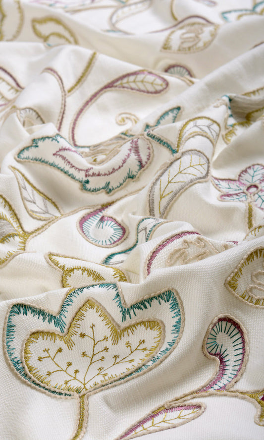 Vine Embroidered Home Décor Fabric By the Yard (White/ Green/ Pink)