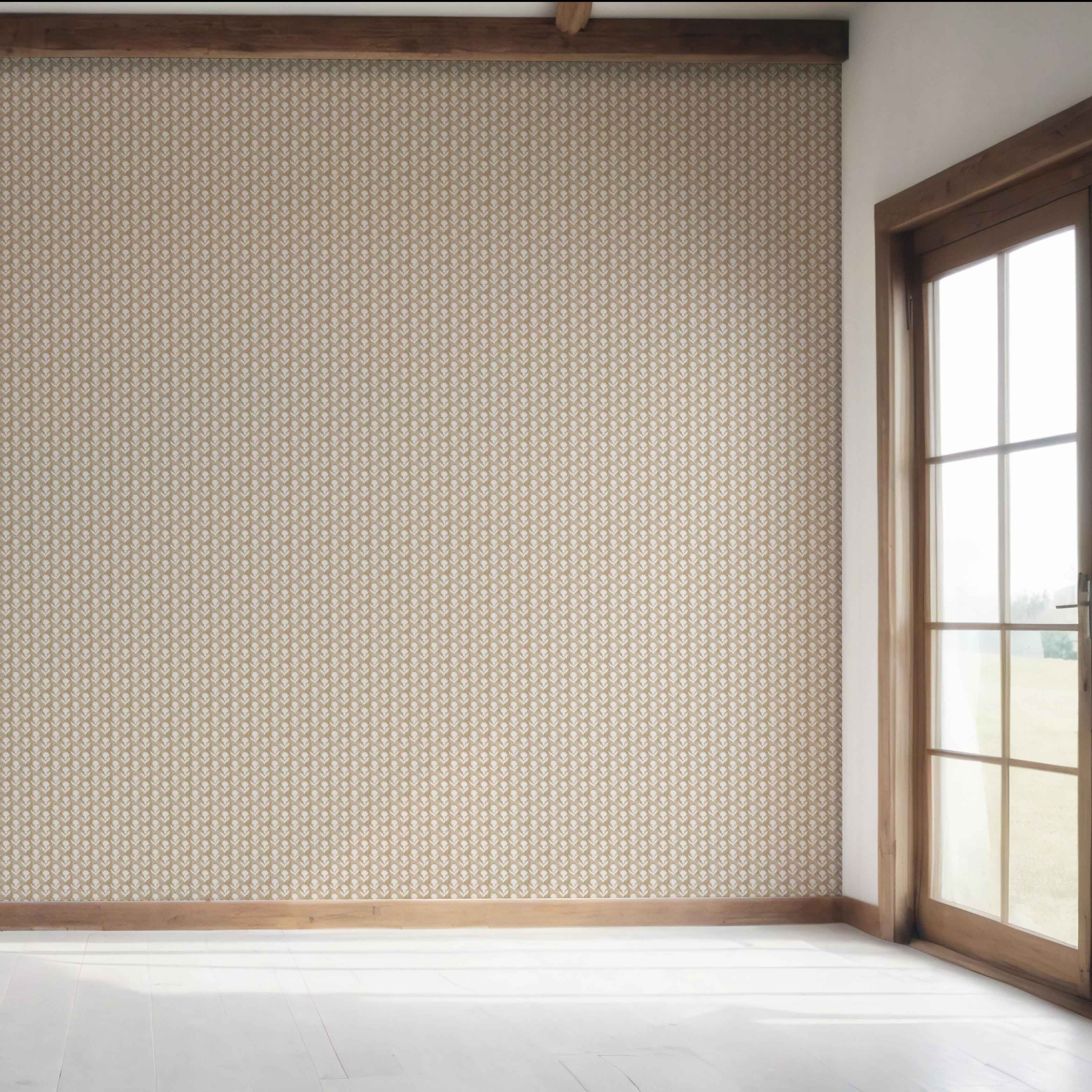 Neutral Small Floral Block Print Bedroom Wallpaper Sample (Beige/ White)