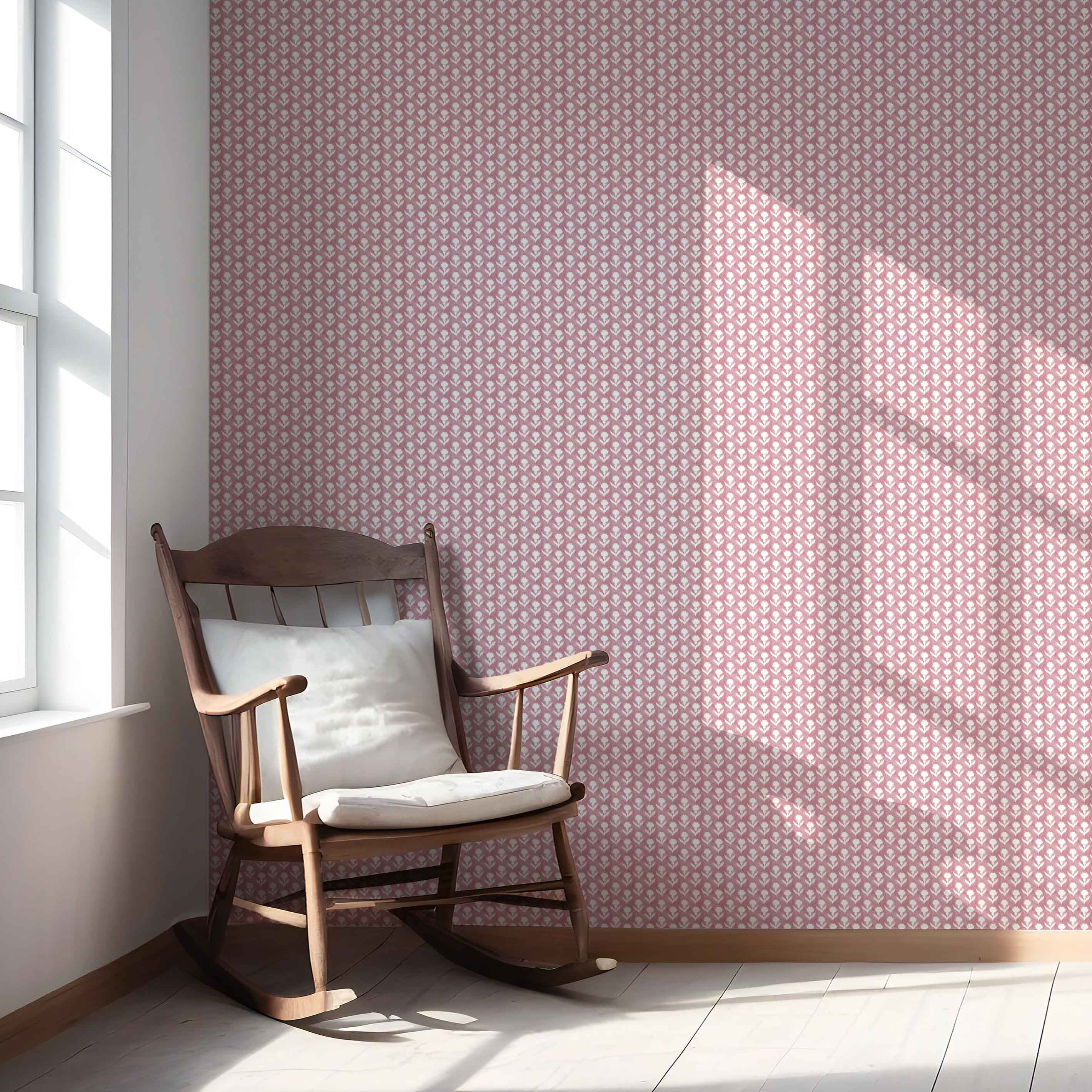 Small Floral Block Print Nursery Wallpaper Sample (Pink/ White)