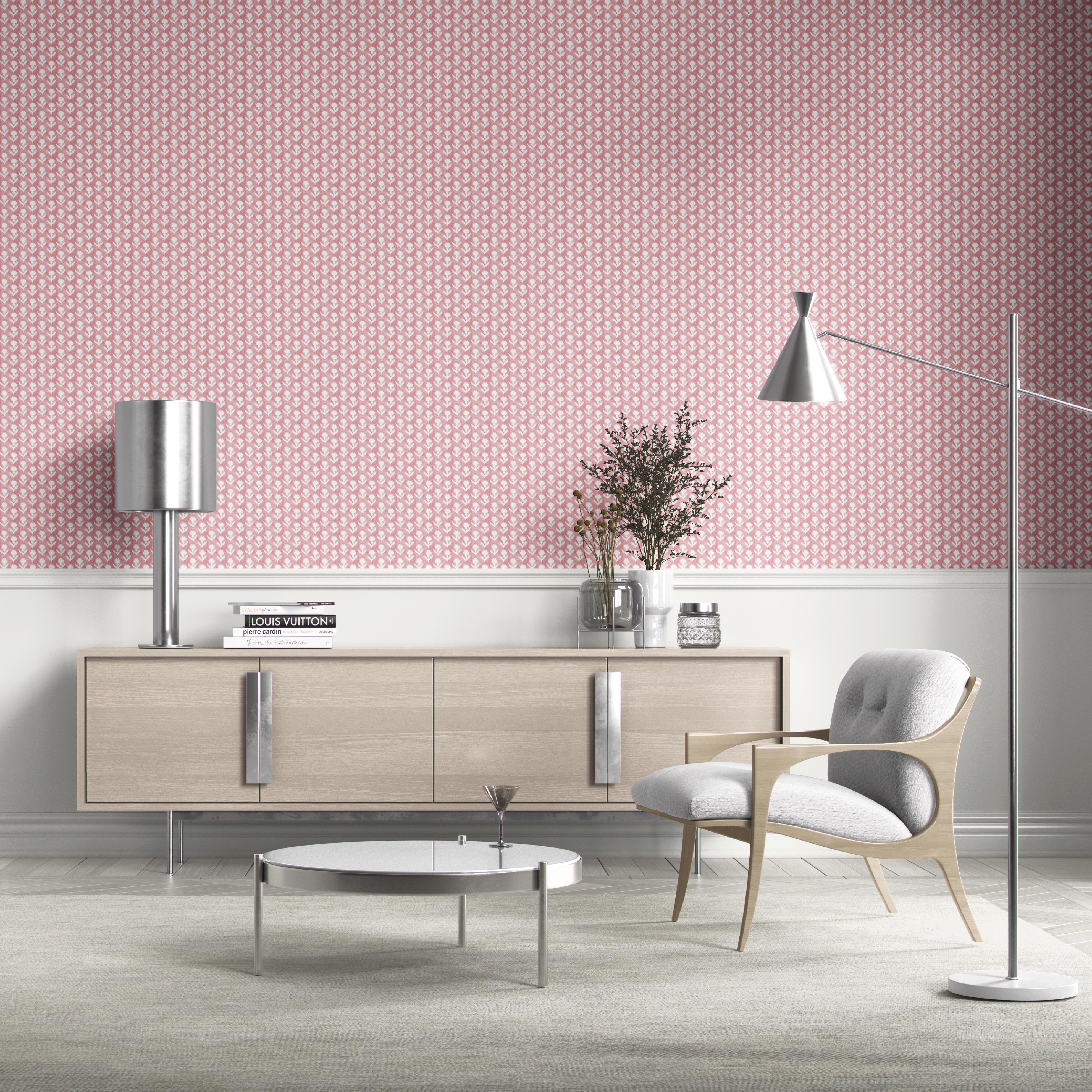 Small Floral Block Print Bathroom Wallpaper (Pink/ White)