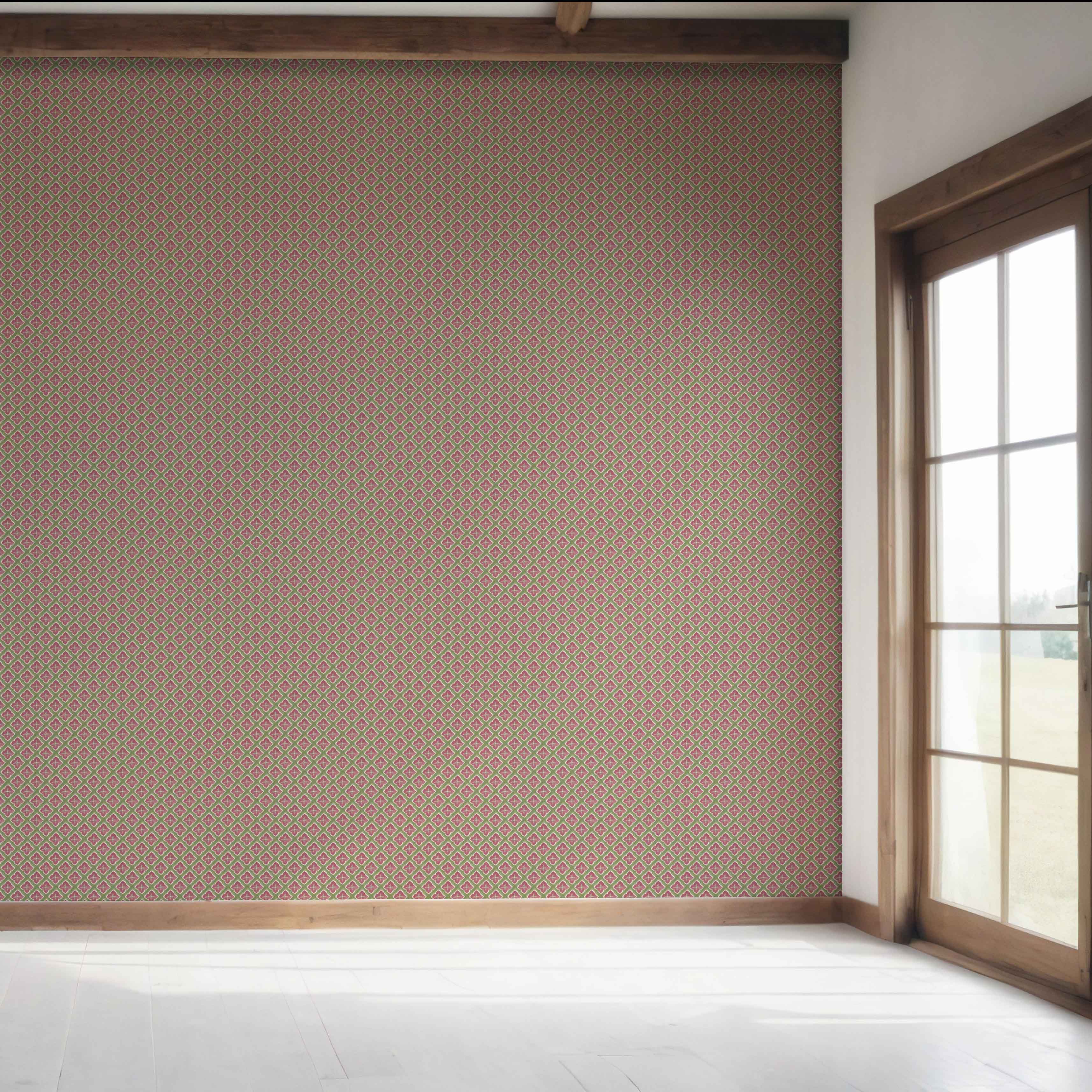 Small Floral Geometric Lattice Bedroom Wallpaper Sample (Pink/ Green)