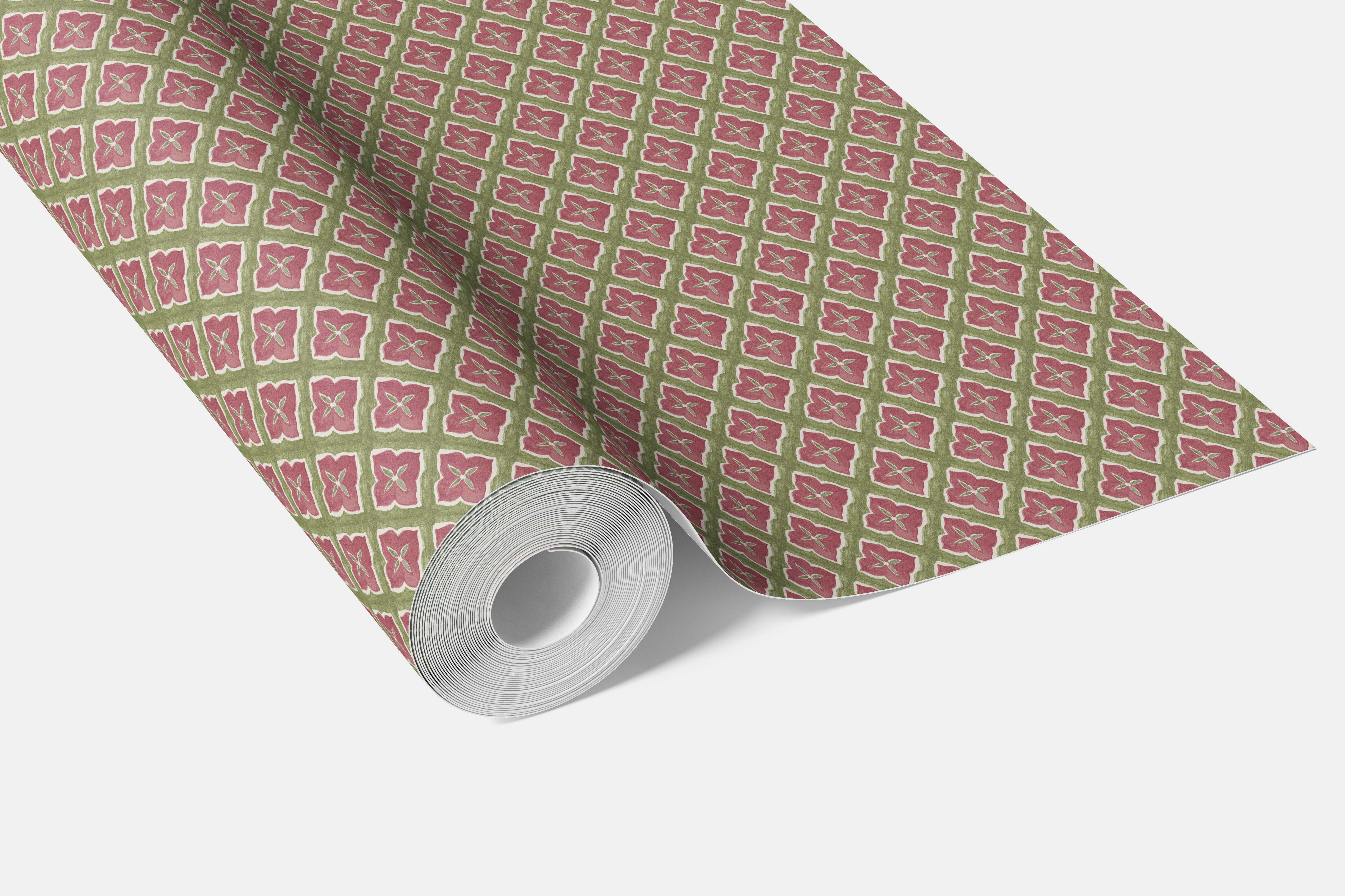 Small Floral Geometric Lattice Kitchen Wallpaper (Pink/ Green)