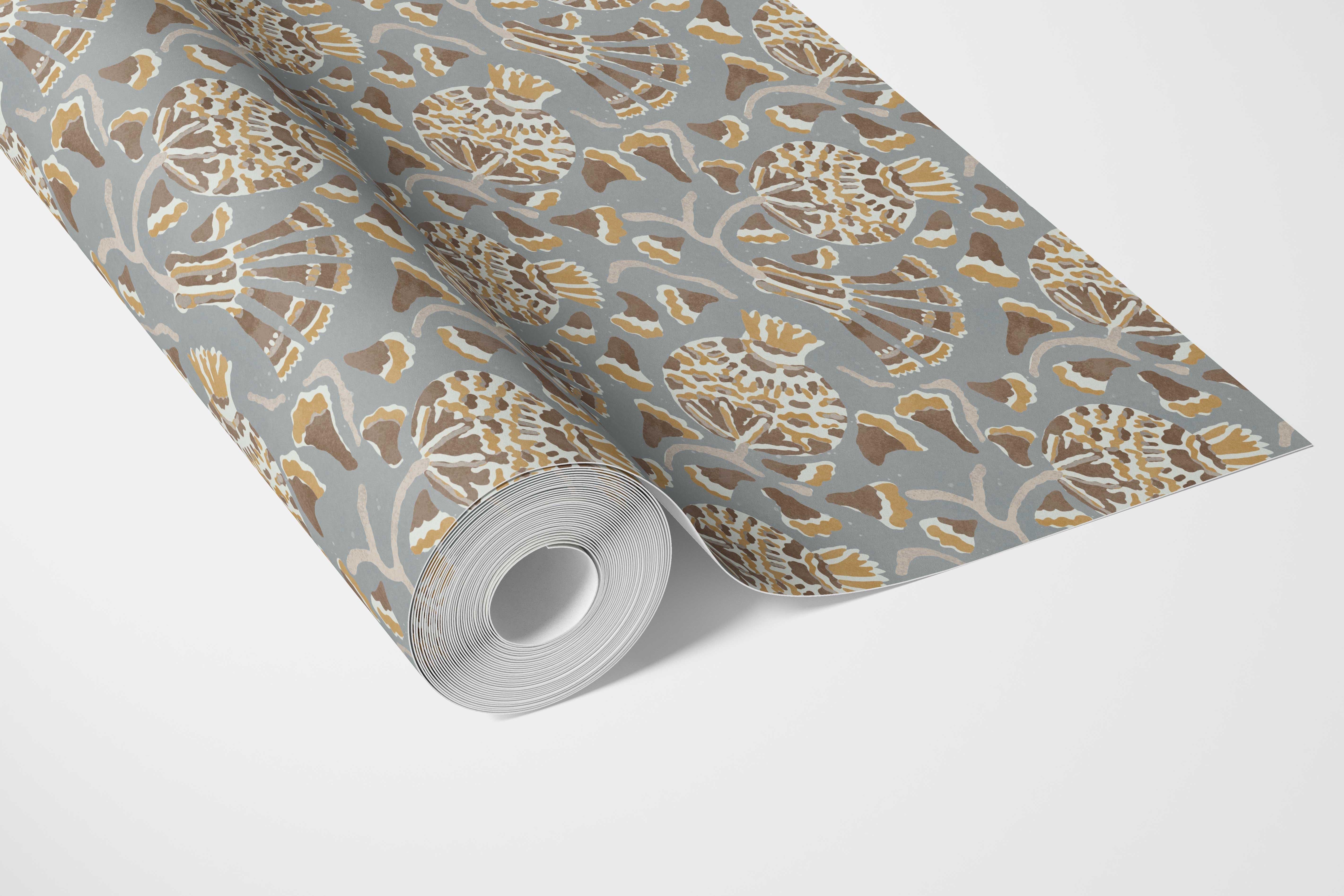 Modern Floral/ Botanical Bathroom Wallpaper Sample (Blue-Gray/ Brown/ Gold/ Beige)