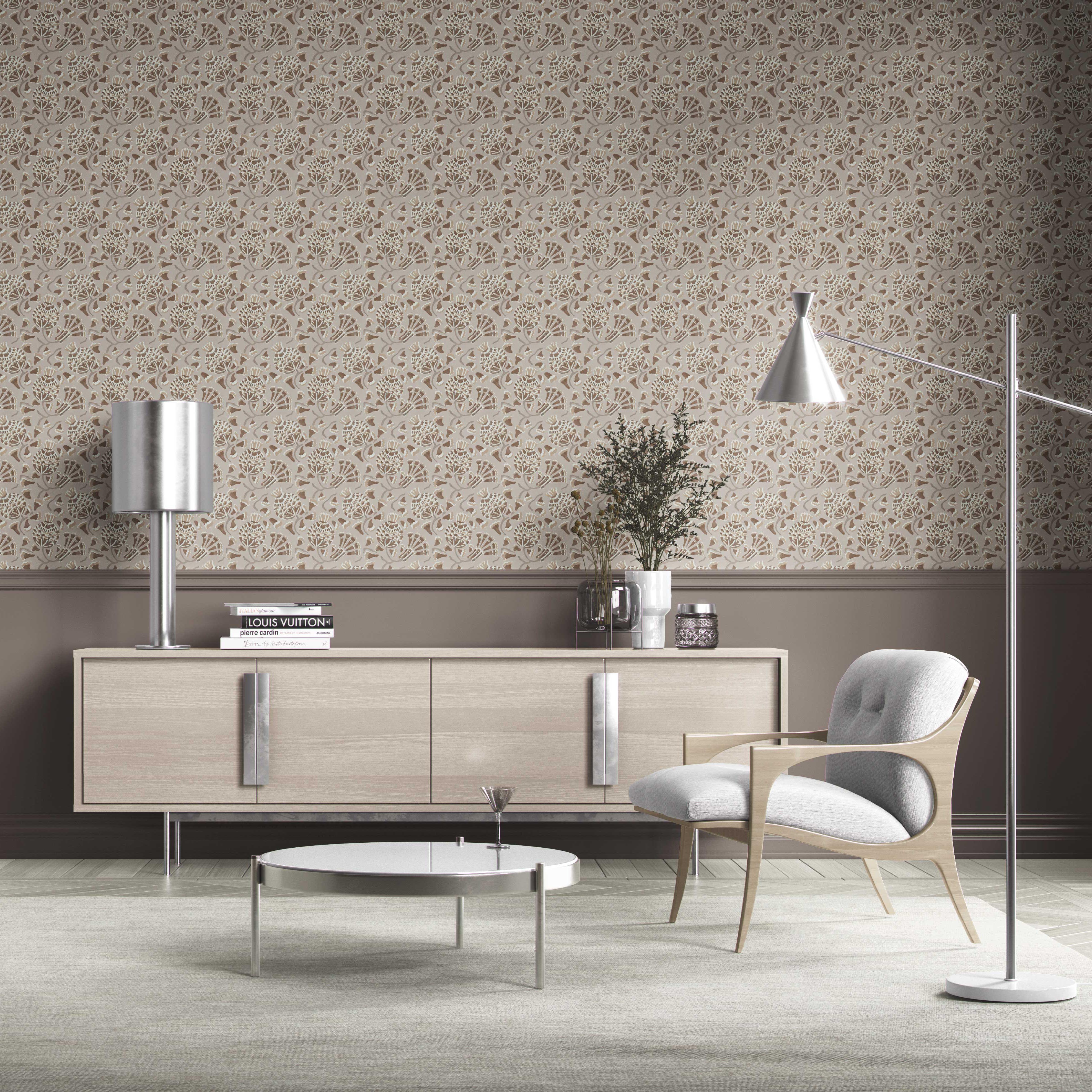 Neutral Modern Floral/ Botanical Kitchen Wallpaper Sample (Taupe/ Brown/ Greige)