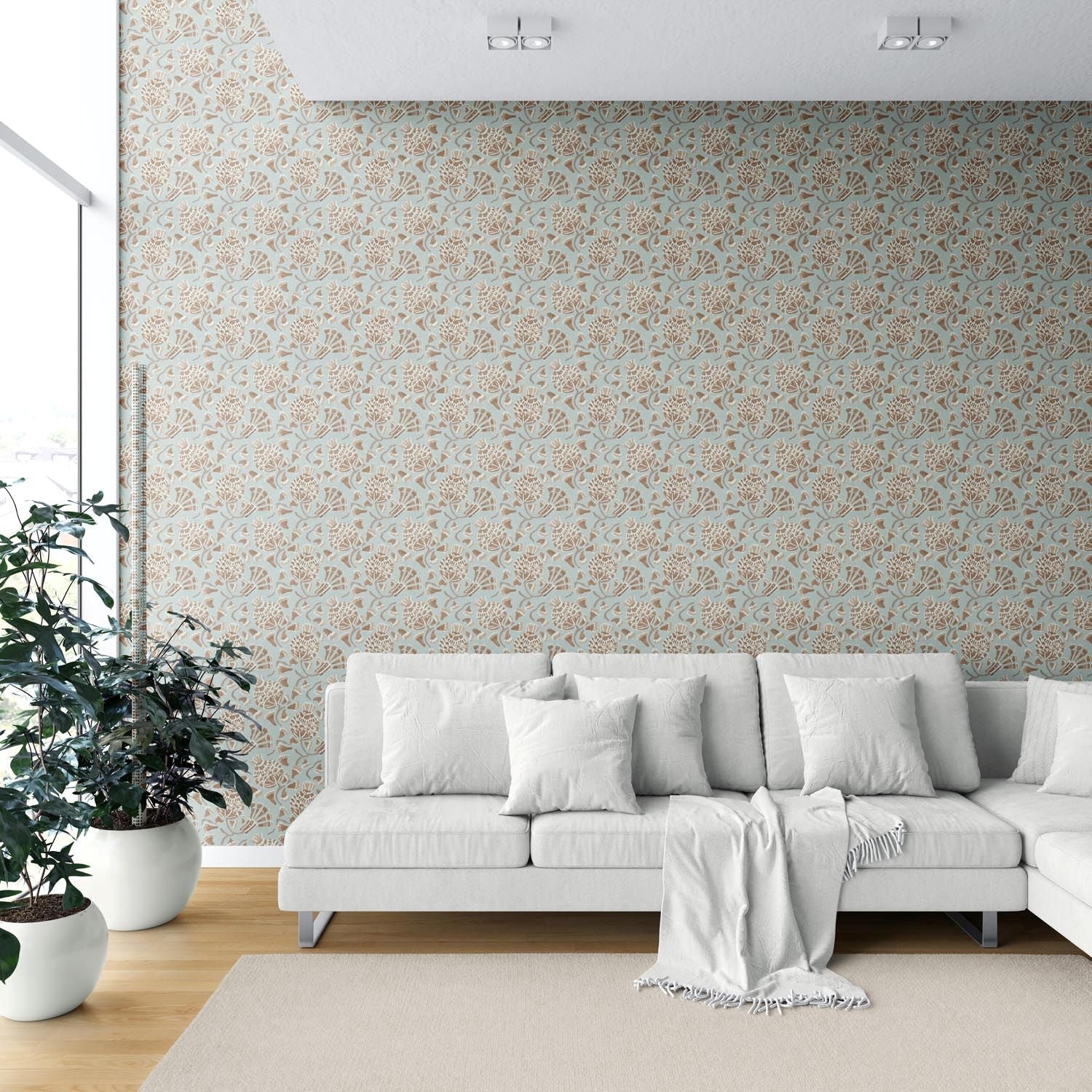Modern Floral/ Botanical Shower Toilet Wallpaper (Blue/ Brown/ Beige)