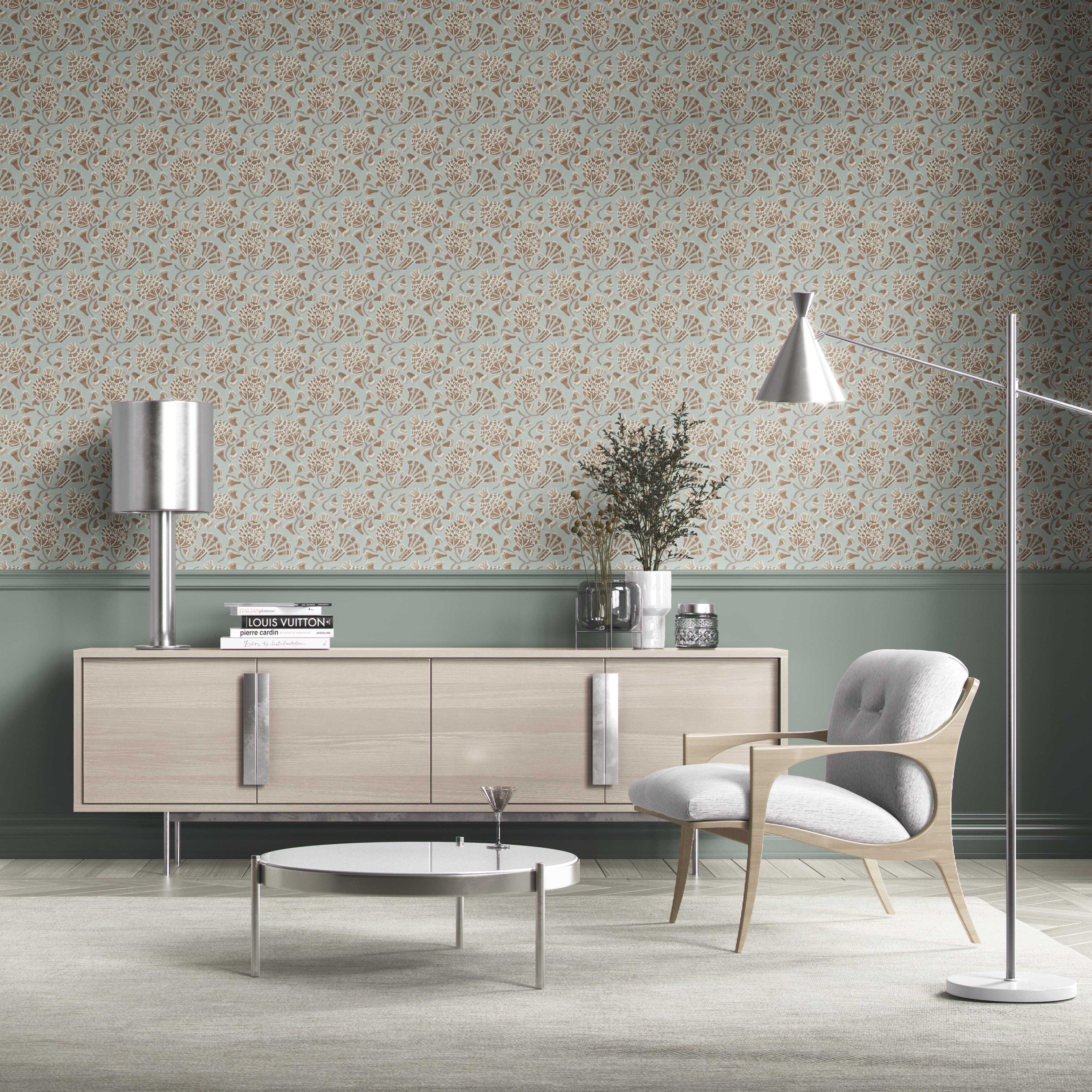 Modern Floral/ Botanical Kitchen Wallpaper Sample (Blue/ Brown/ Beige)