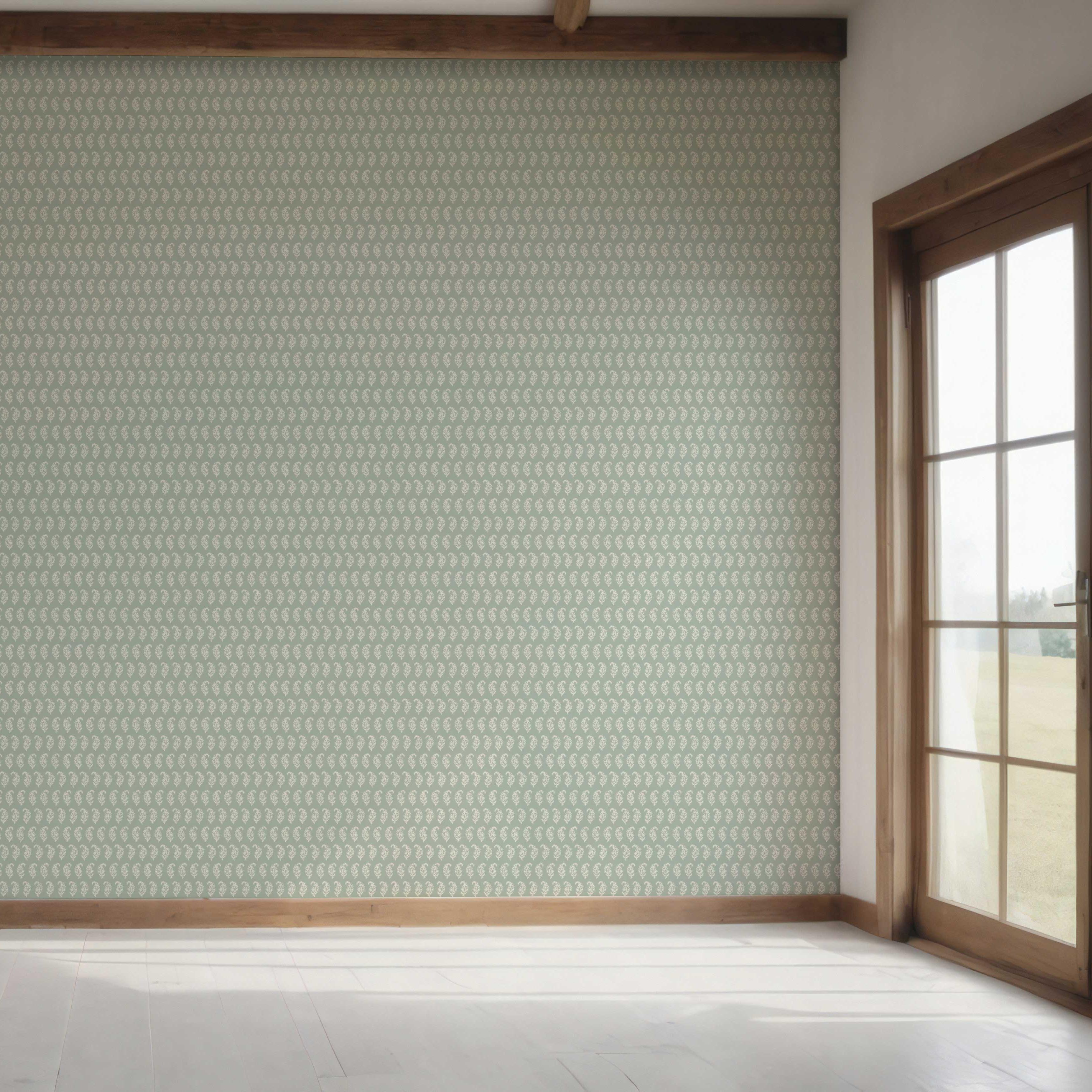 Small Paisley Floral Patterned Print Bedroom Wallpaper Sample (Green/ White)