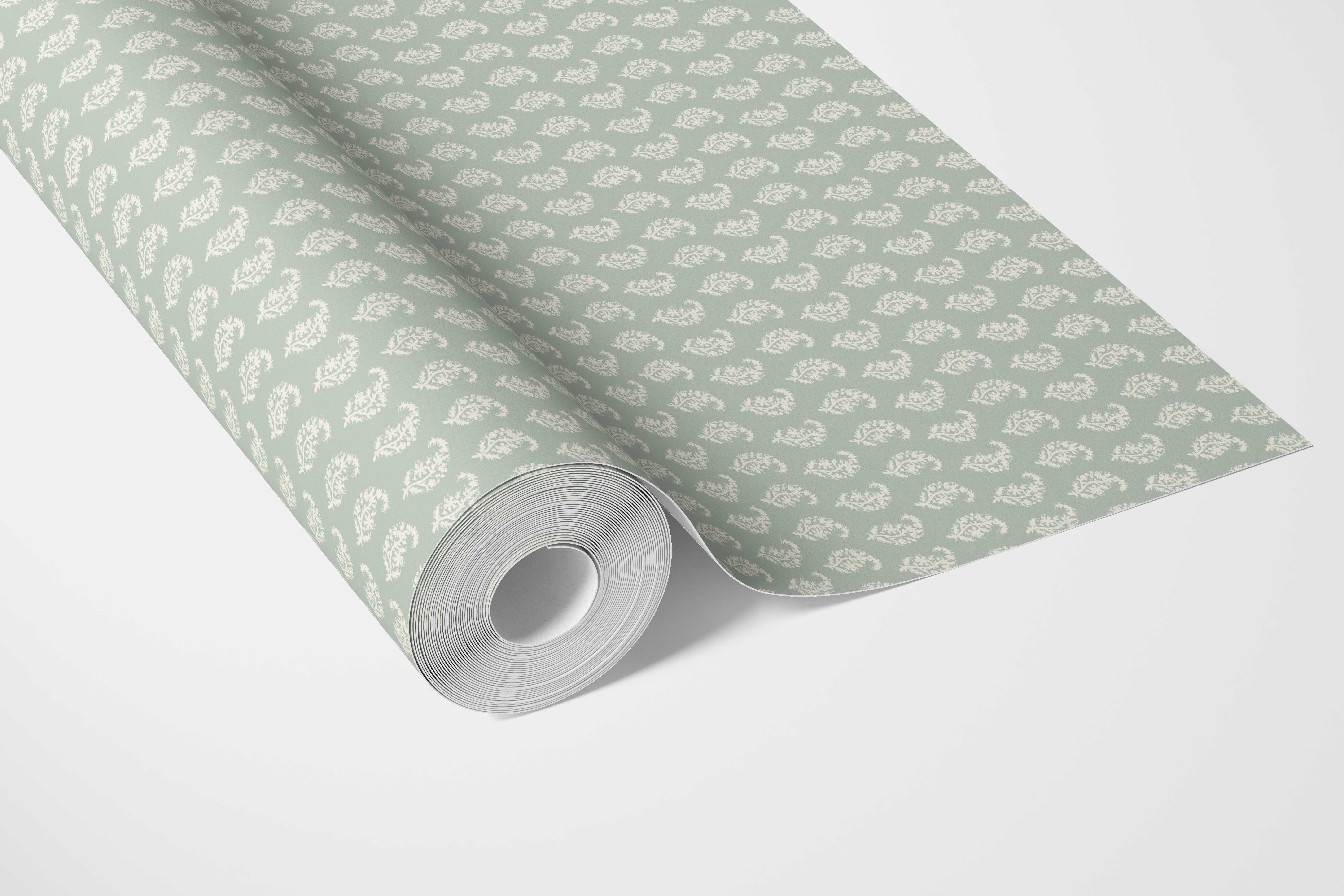 Small Paisley Floral Patterned Print Kitchen Wallpaper Sample (Green/ White)