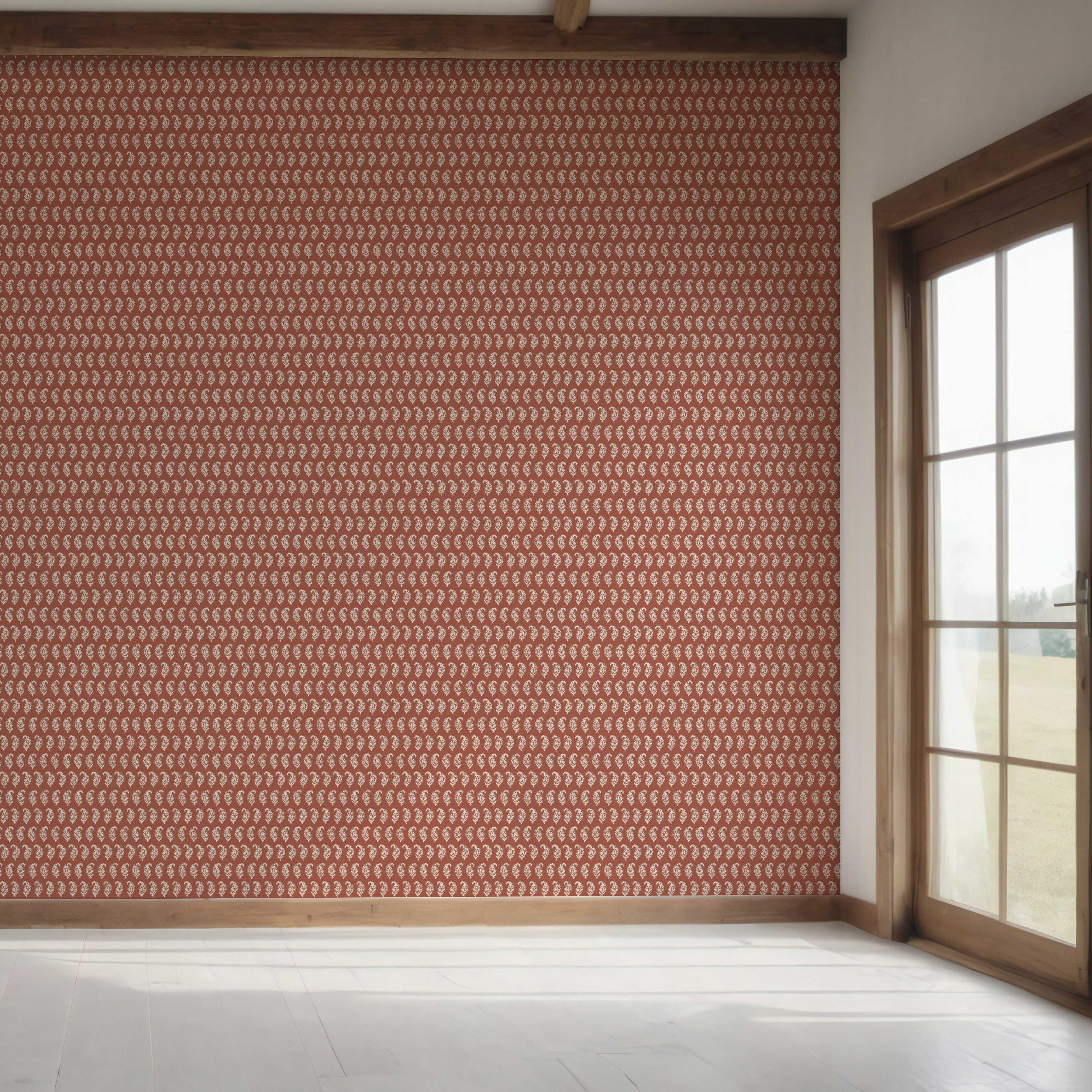 Small Paisley Floral Patterned Print Bedroom Wallpaper (Brick Red/ White)