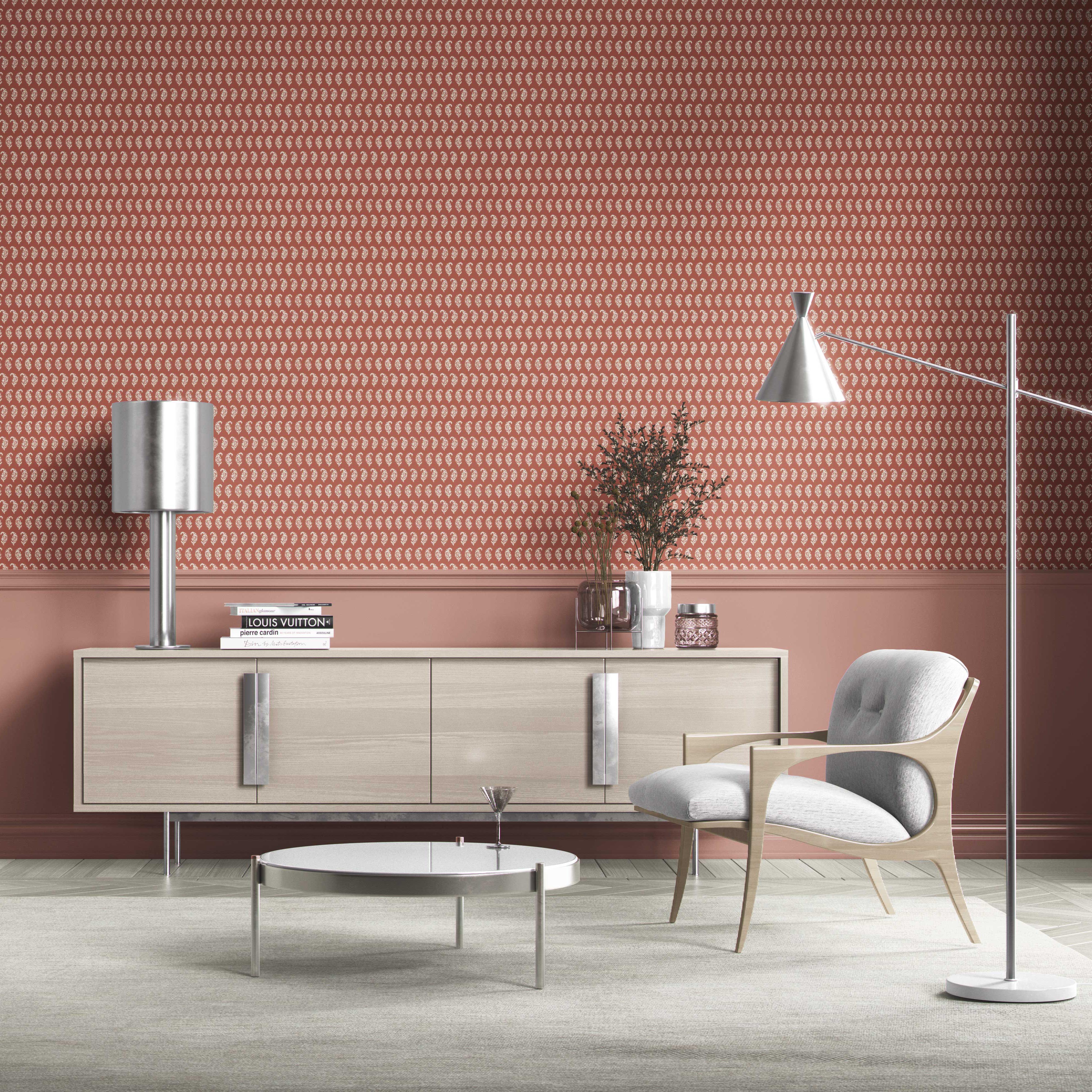 Small Paisley Floral Patterned Print Bathroom Wallpaper Sample (Brick Red/ White)