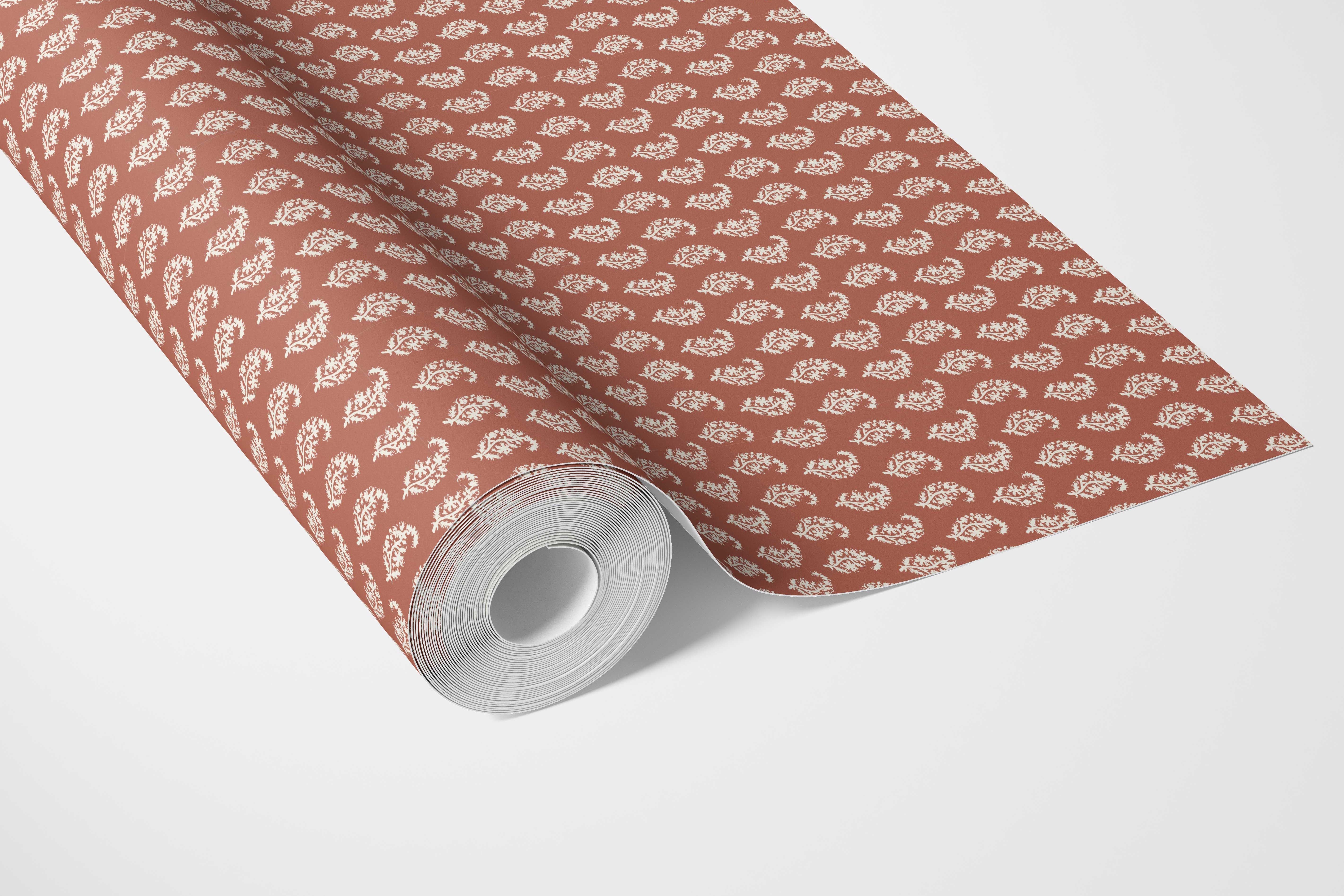 Small Paisley Floral Patterned Print Kitchen Wallpaper (Brick Red/ White)