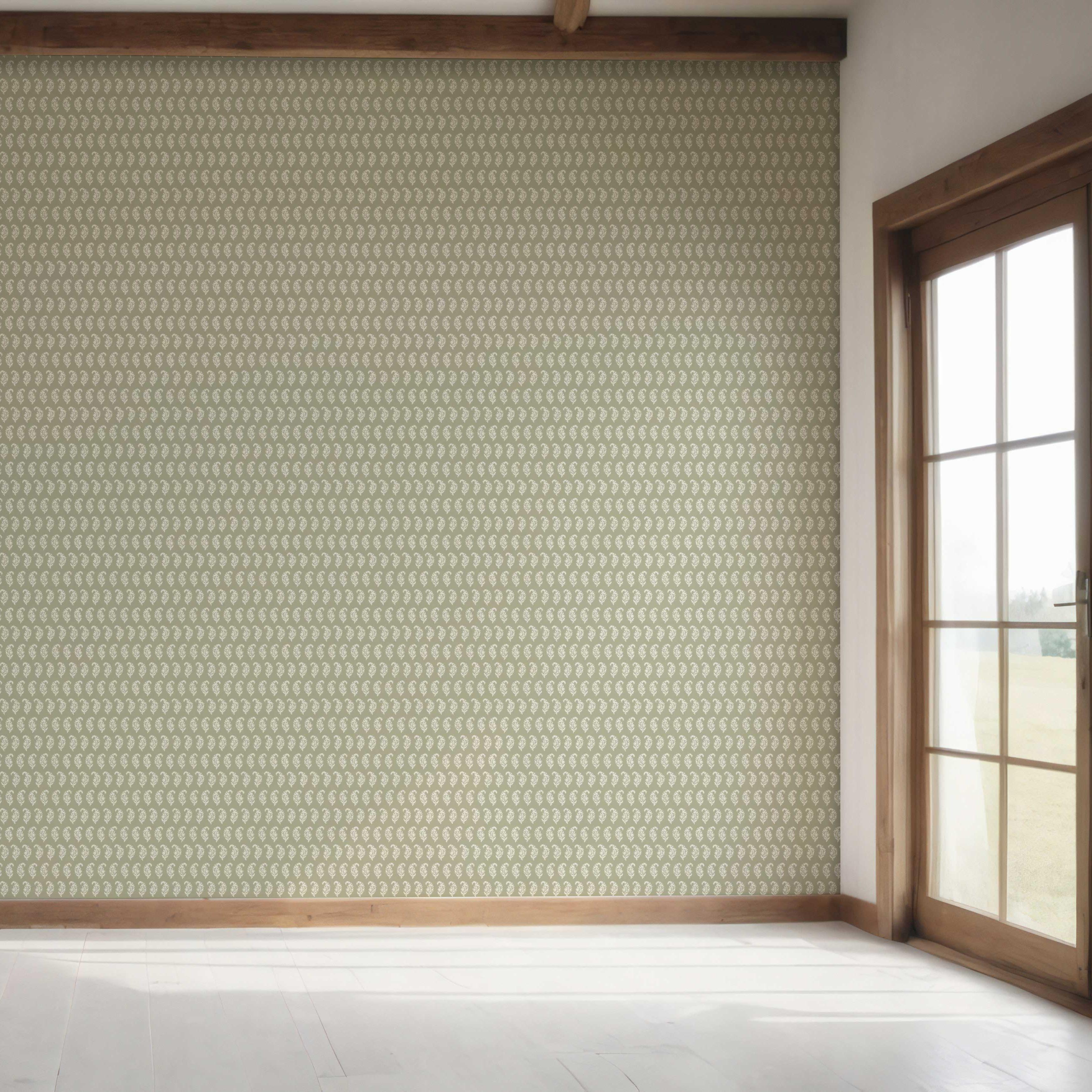 Small Paisley Floral Patterned Print Bedroom Wallpaper Sample (Olive Green/ White)