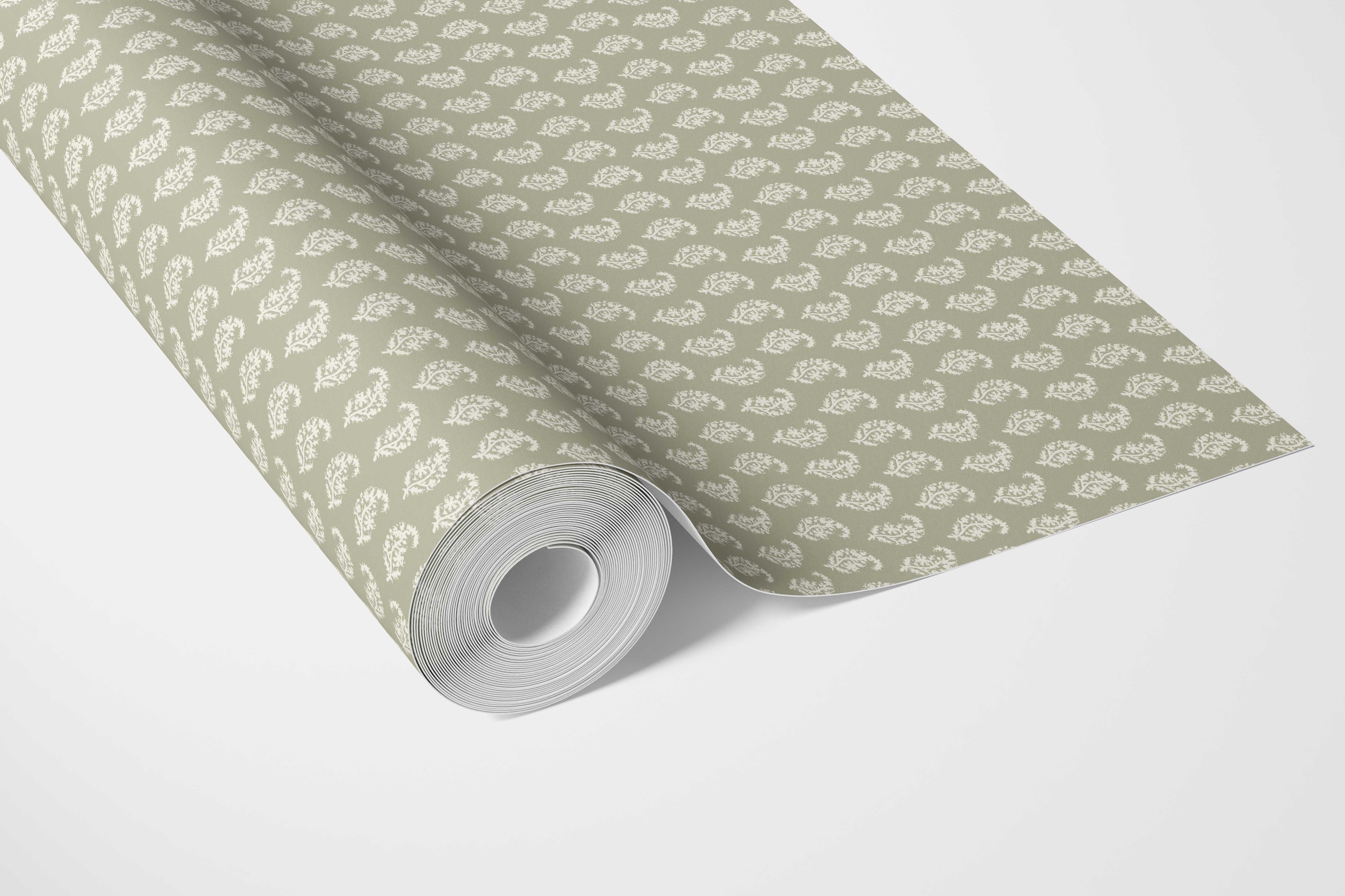 Small Paisley Floral Patterned Print Kitchen Wallpaper (Olive Green/ White)