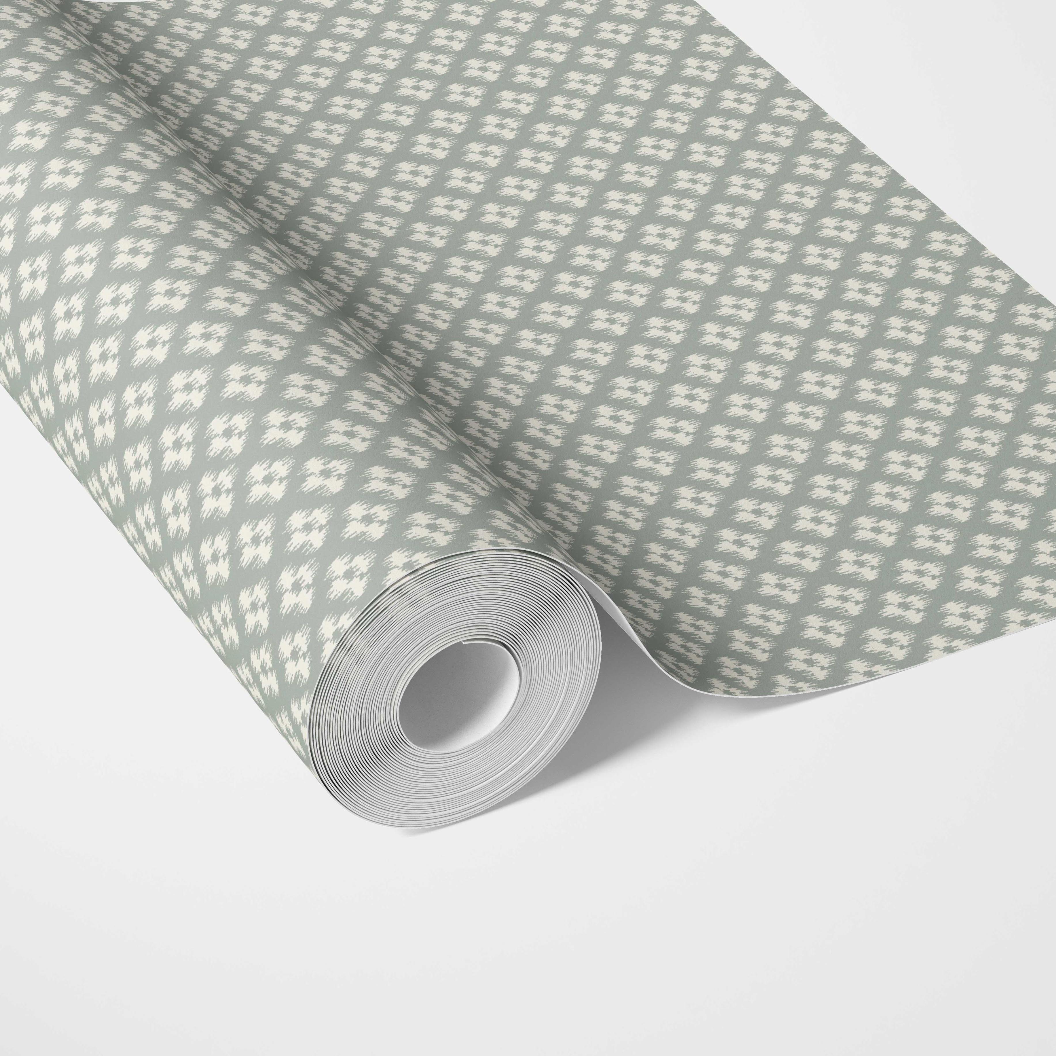 Small Geometric Ikat-Style Floral Block Print Traditional Wallpaper (Green/ White)