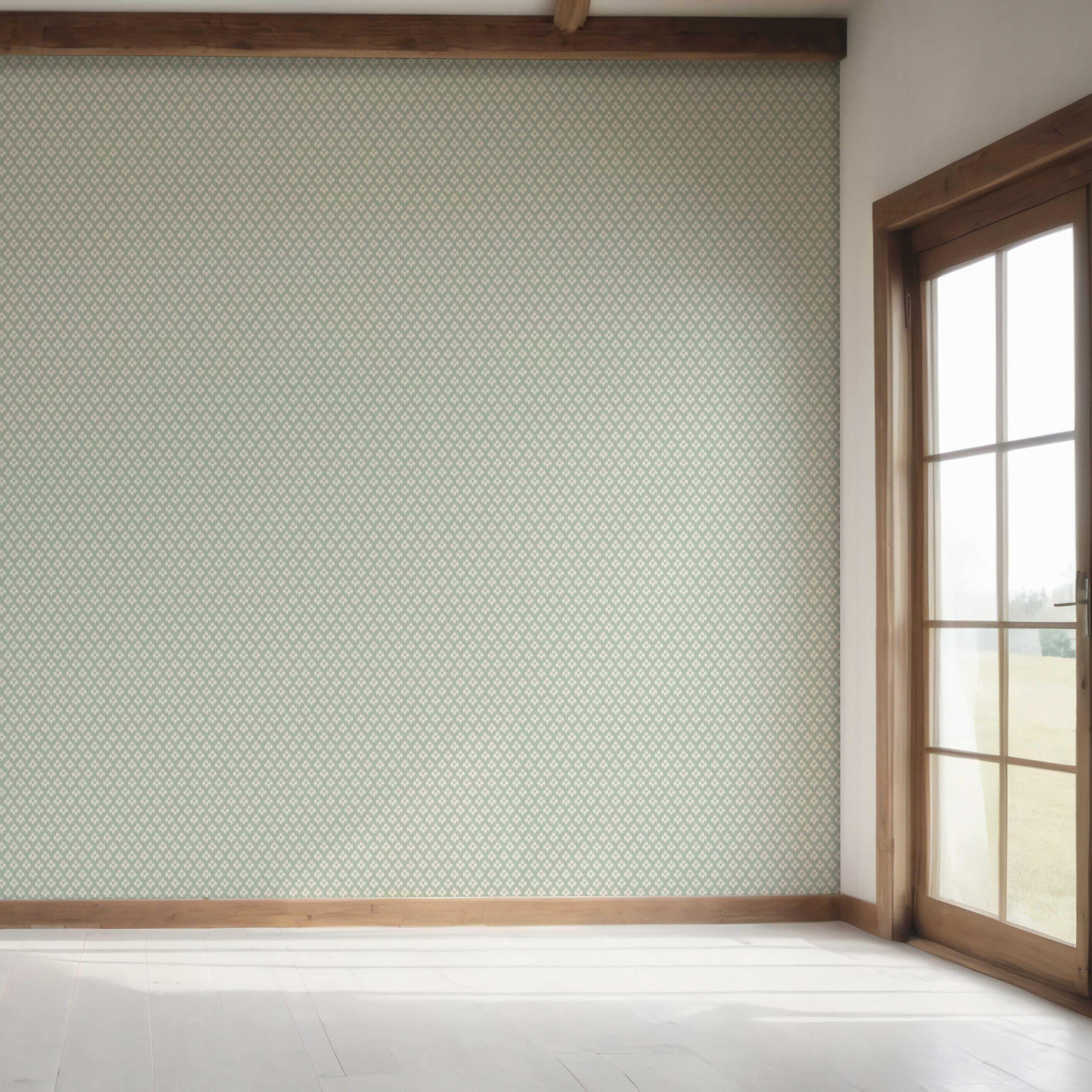 Small Geometric Ikat-Style Floral Block Print Bedroom Wallpaper Sample (Duck Egg Blue/ White)
