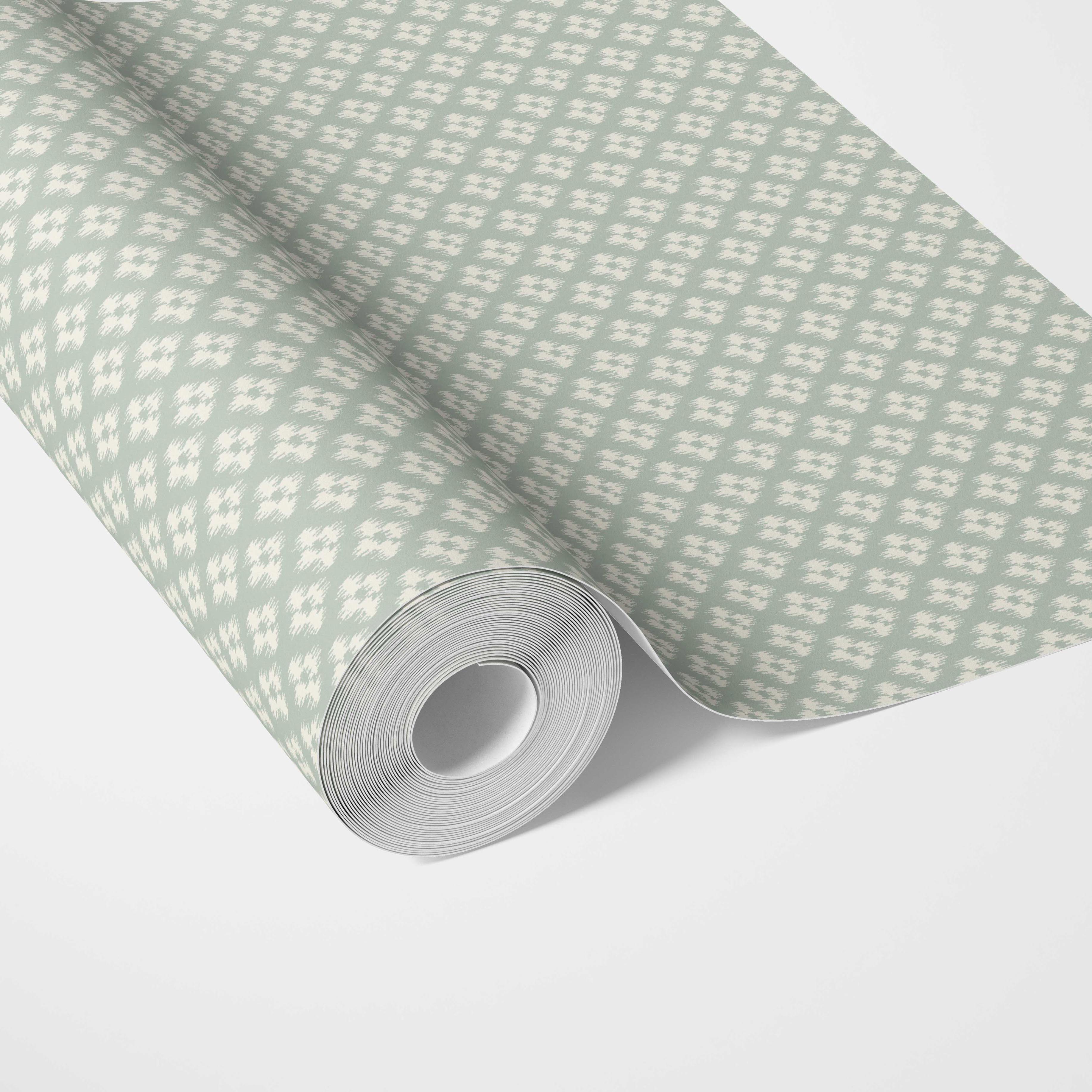 Small Geometric Ikat-Style Floral Block Print Traditional Wallpaper Sample (Duck Egg Blue/ White)