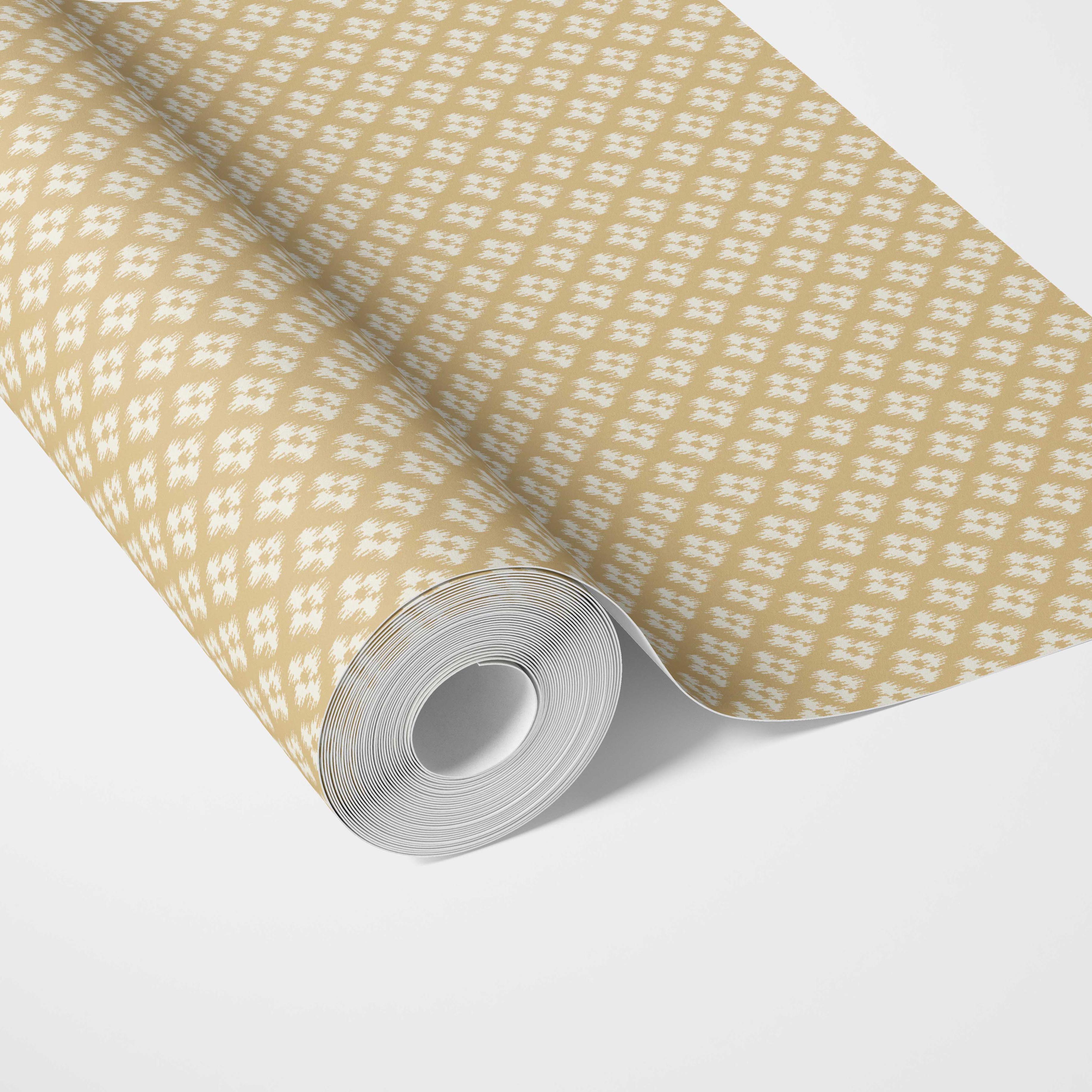 Small Geometric Ikat-Style Floral Block Print Traditional Wallpaper Sample (Yellow/ White)