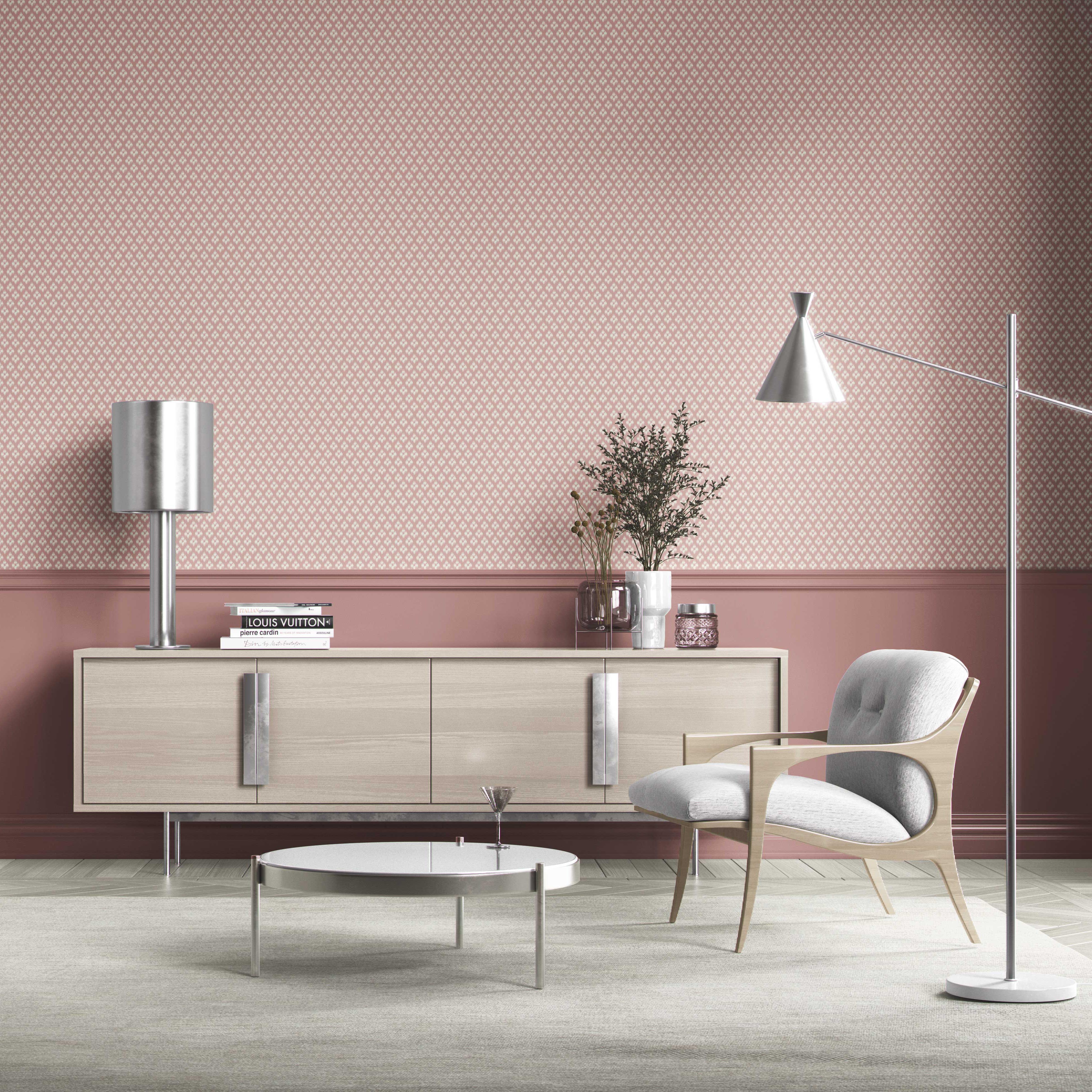Small Geometric Ikat-Style Floral Block Print Bathroom Wallpaper (Pink/ White)