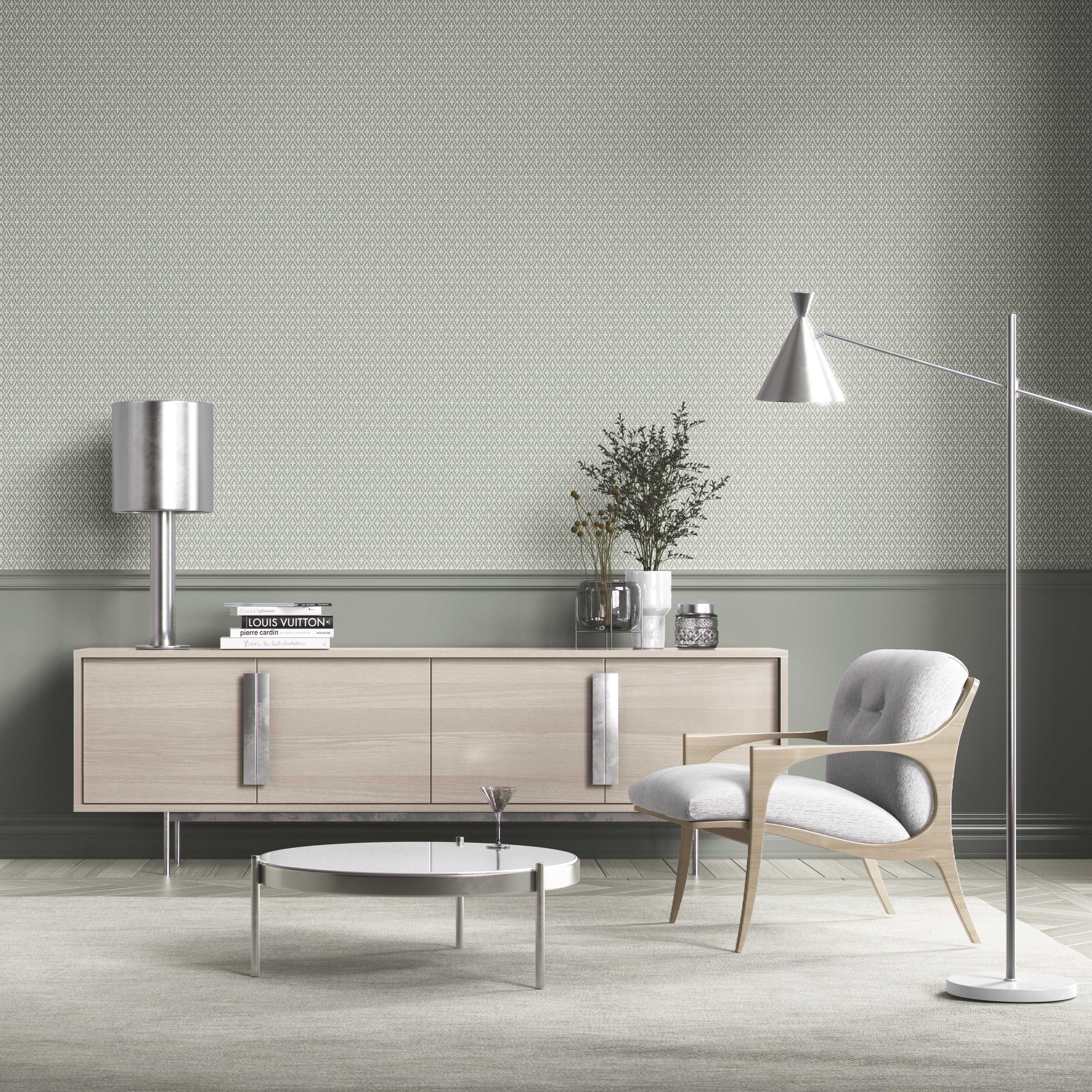 Geometric Diamond Lattice Bathroom Wallpaper Sample (Green-Gray/ White)