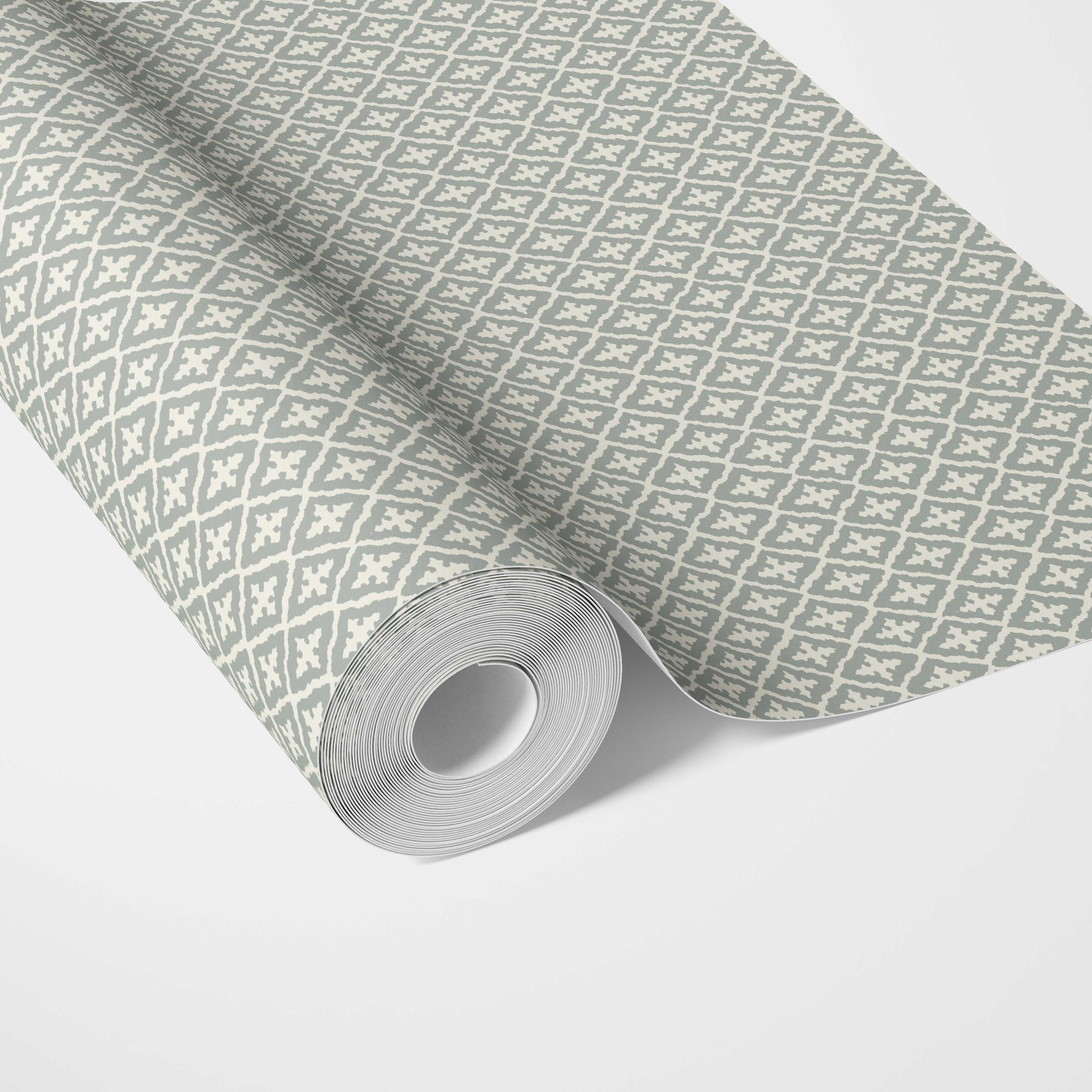 Geometric Diamond Lattice Traditional Wallpaper Sample (Green-Gray/ White)