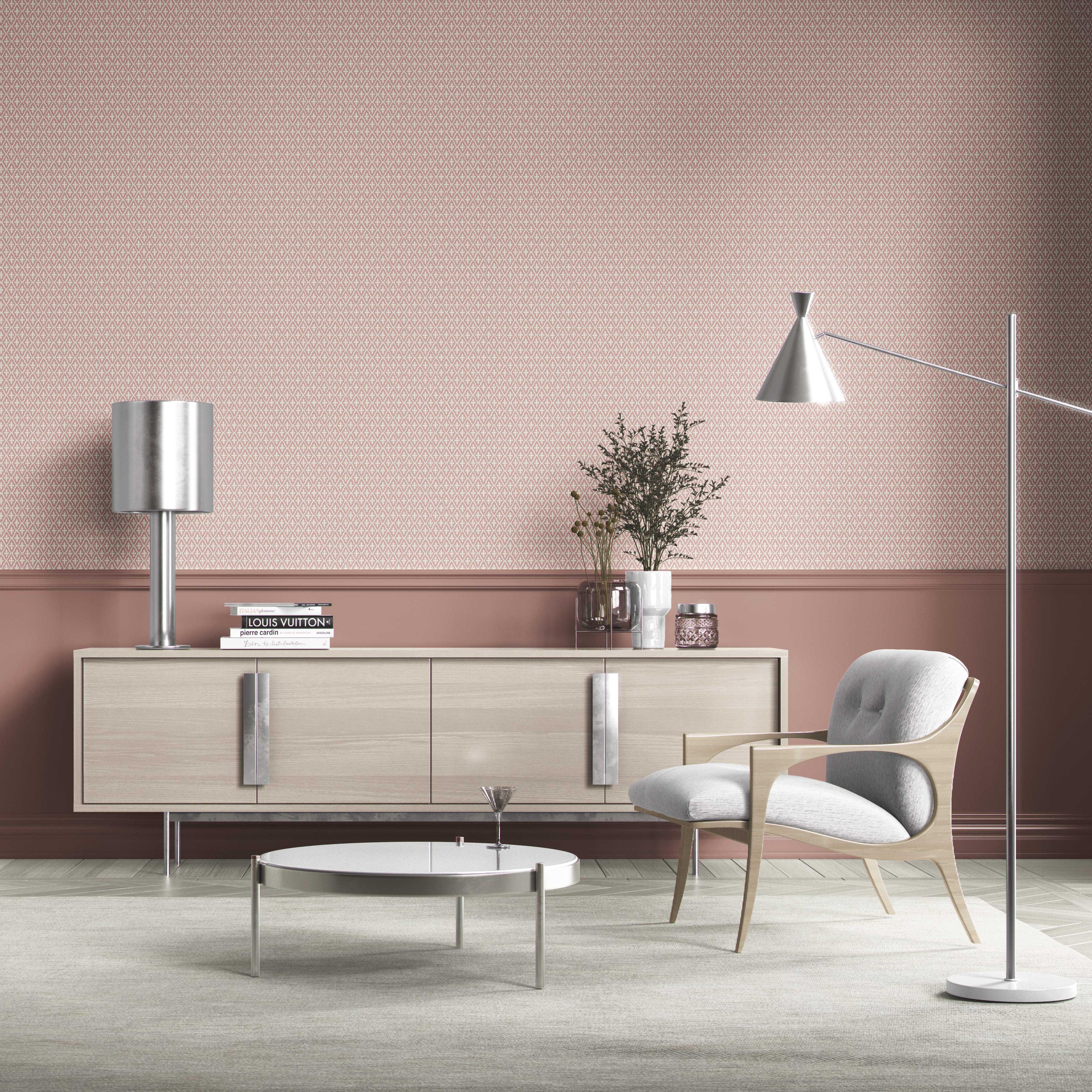 Geometric Diamond Lattice Bathroom Wallpaper (Dusty Rose Pink/ White)