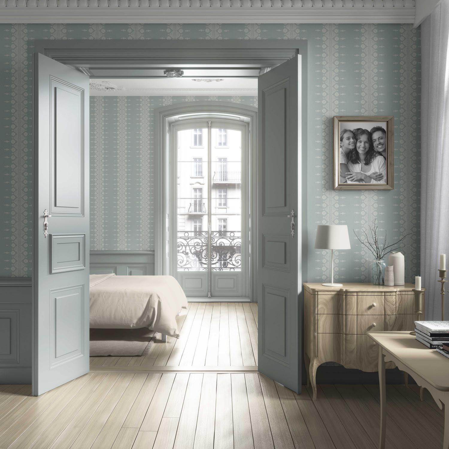 Floral Striped Living Room Wallpaper Sample (Duck Egg Blue/ Off-White)