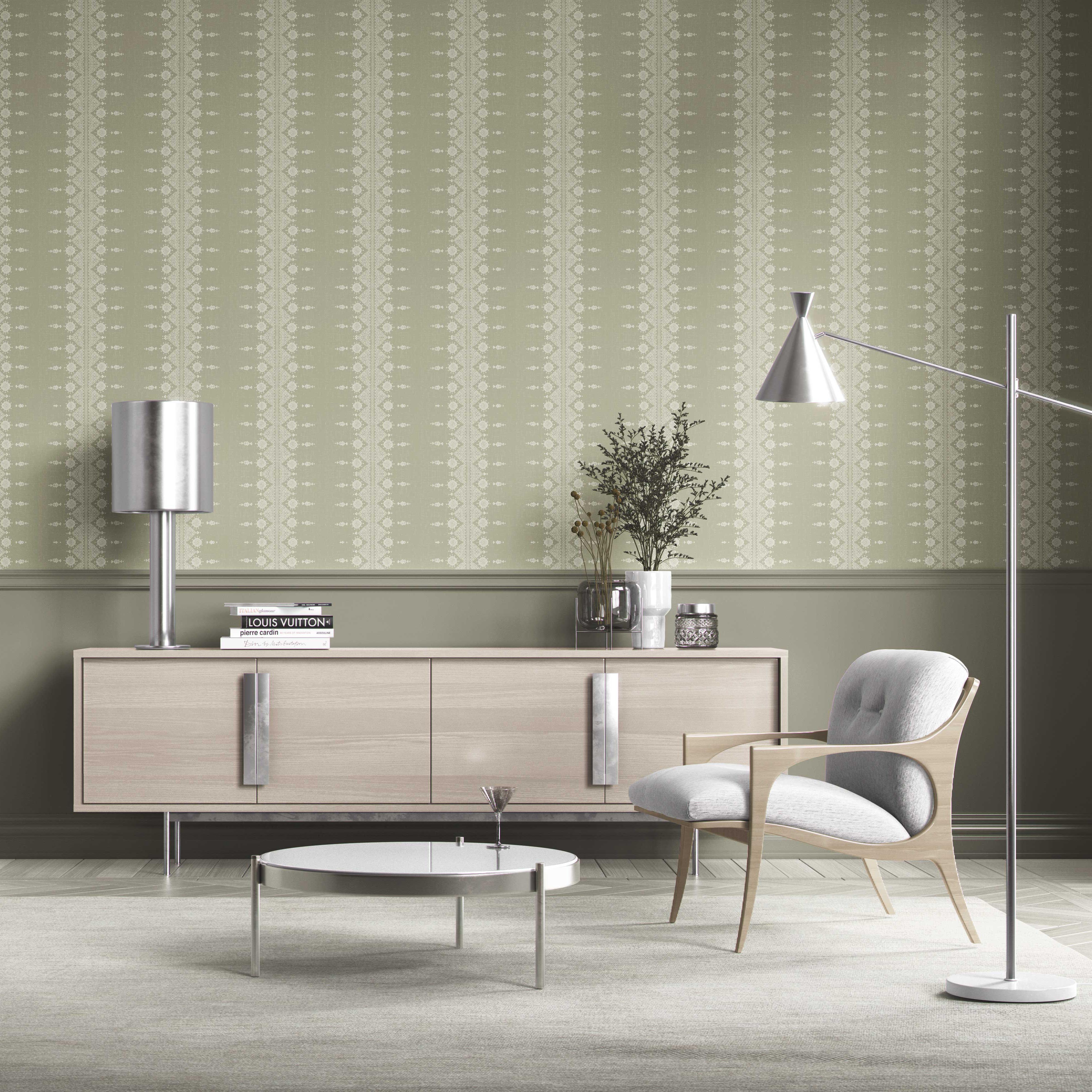 Floral Striped Kitchen Wallpaper Sample (Green/ Off-White)