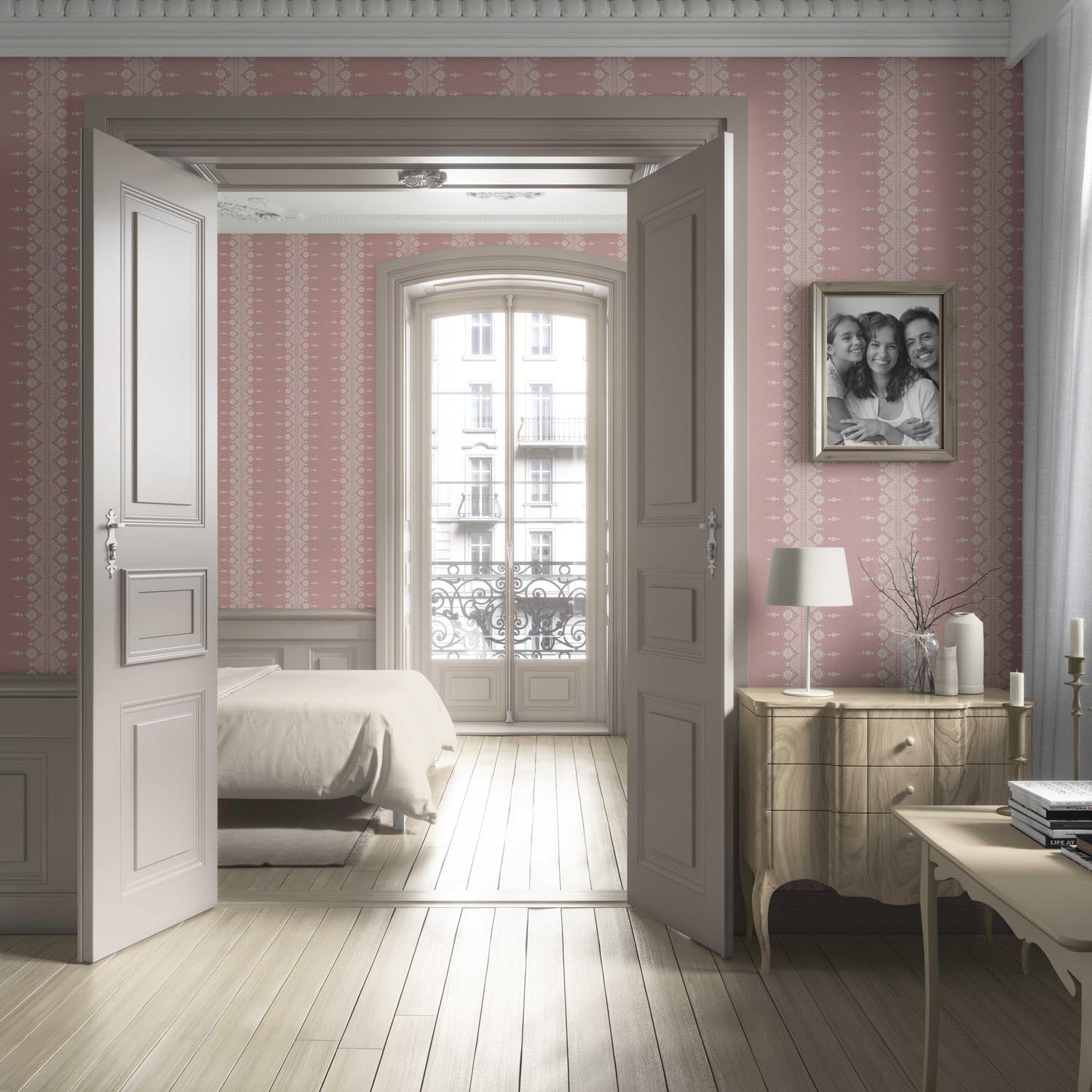 Floral Striped Living Room Wallpaper Sample (Pink/ Off-White)
