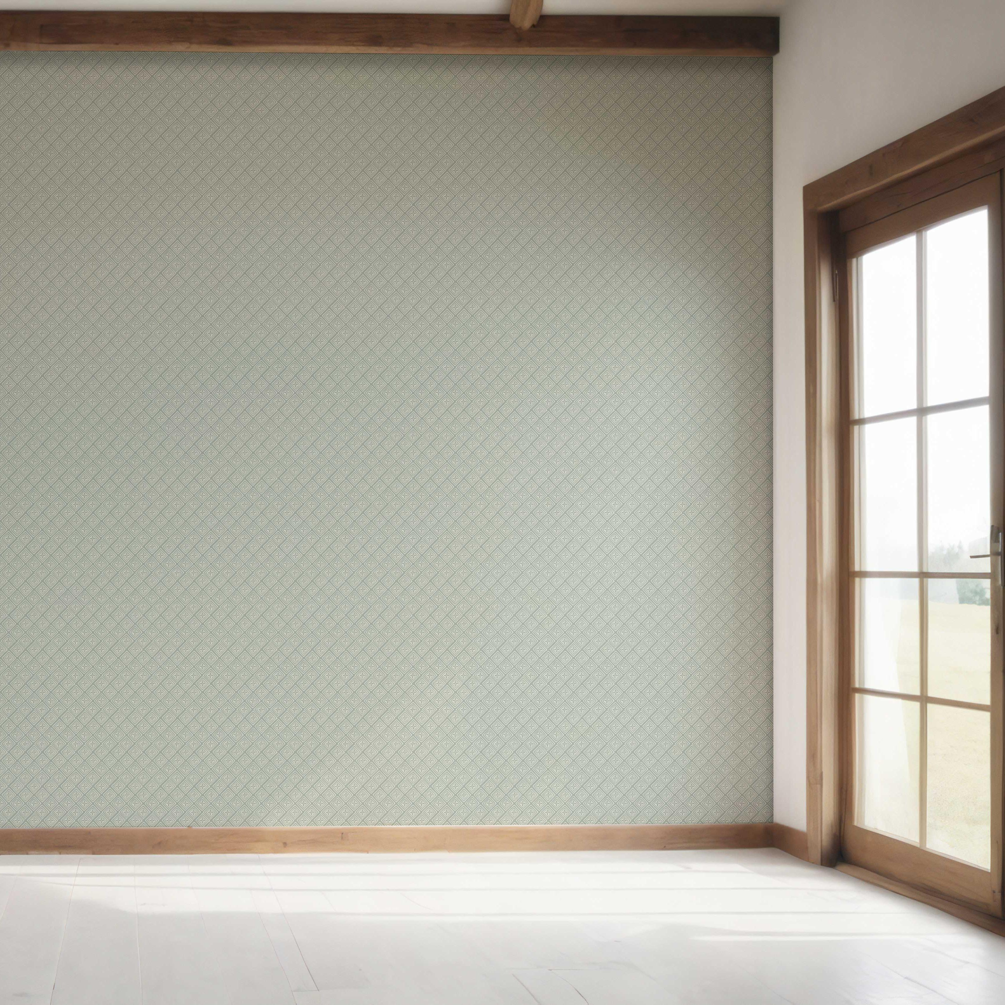 Small Diamond Lattice/ Textured Check Bedroom Wallpaper (Green-Gray/ White)