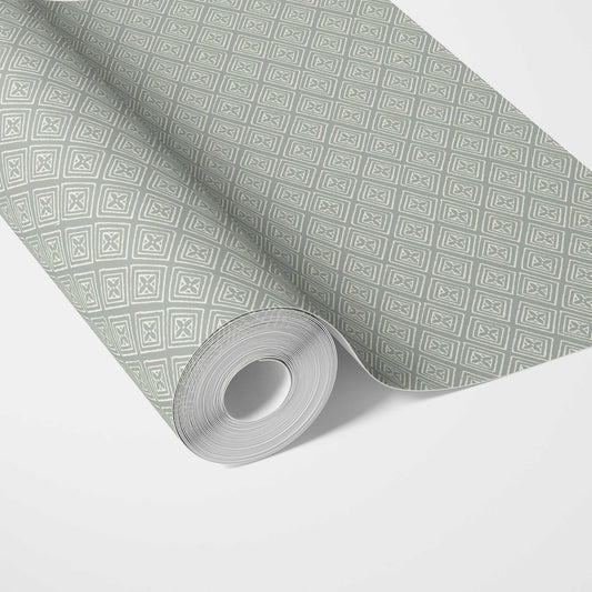 Small Diamond Lattice/ Textured Check Traditional Wallpaper (Green-Gray/ White)