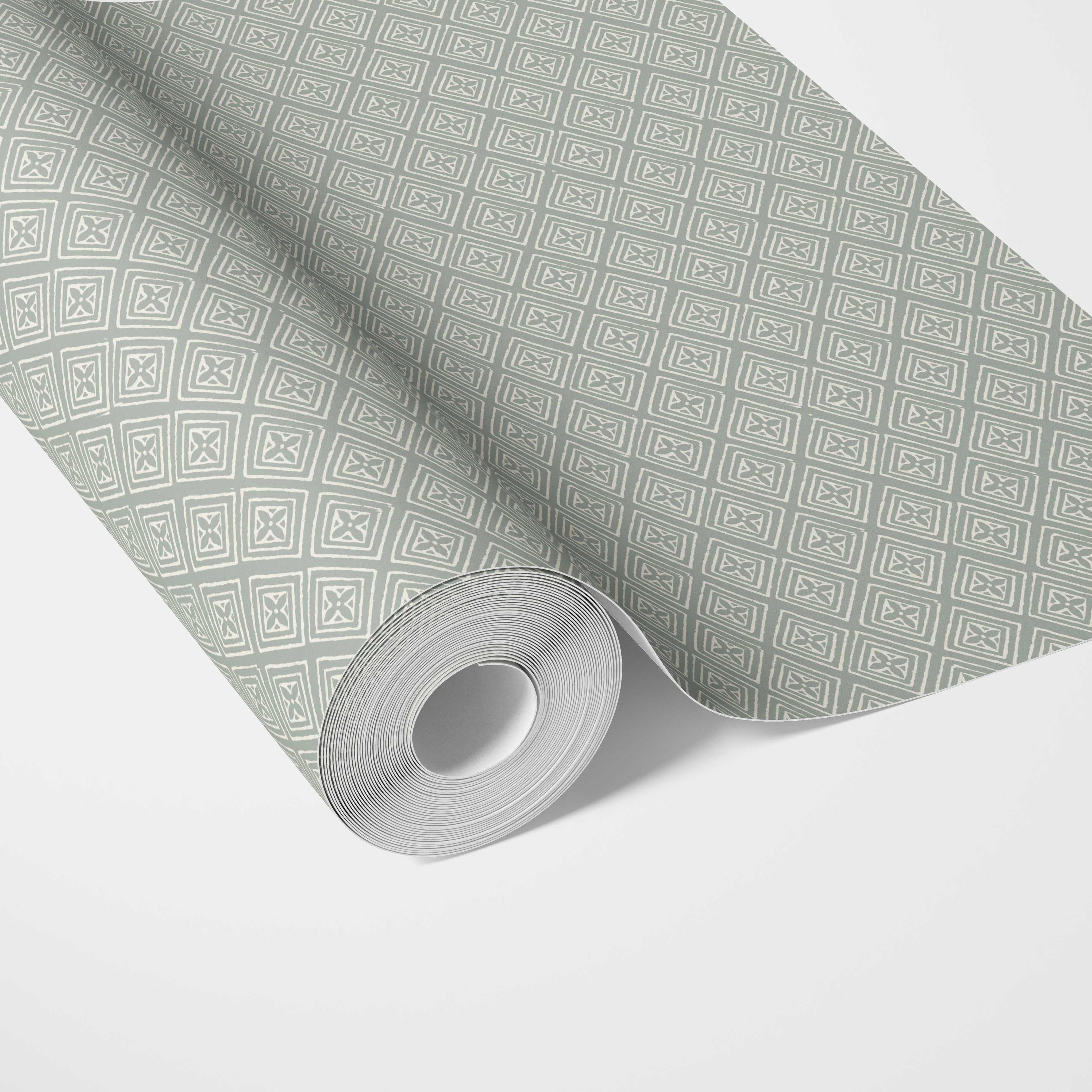 Small Diamond Lattice/ Textured Check Traditional Wallpaper Sample (Green-Gray/ White)