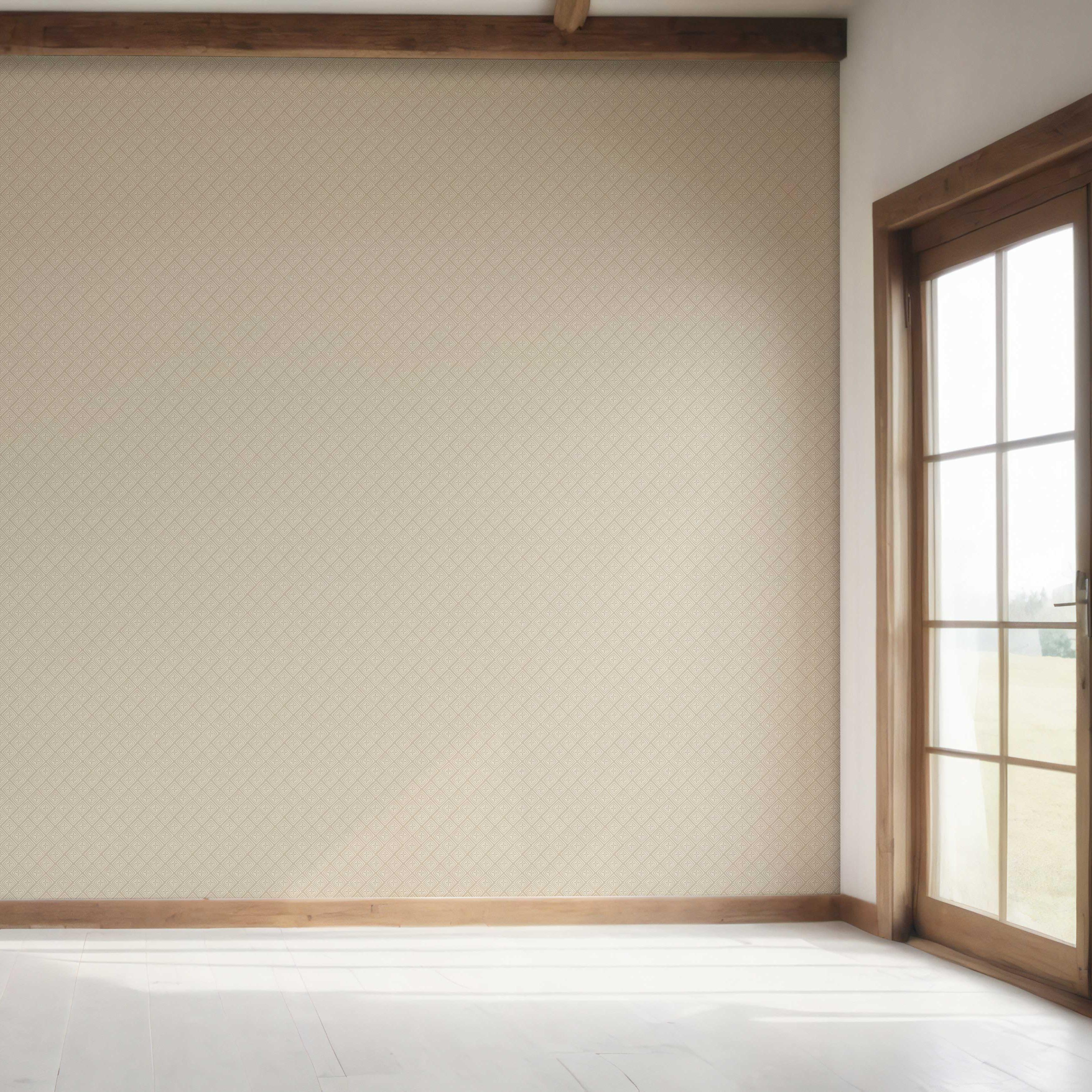 Small Diamond Lattice/ Textured Check Bedroom Wallpaper Sample (Beige/ Gray/ White)