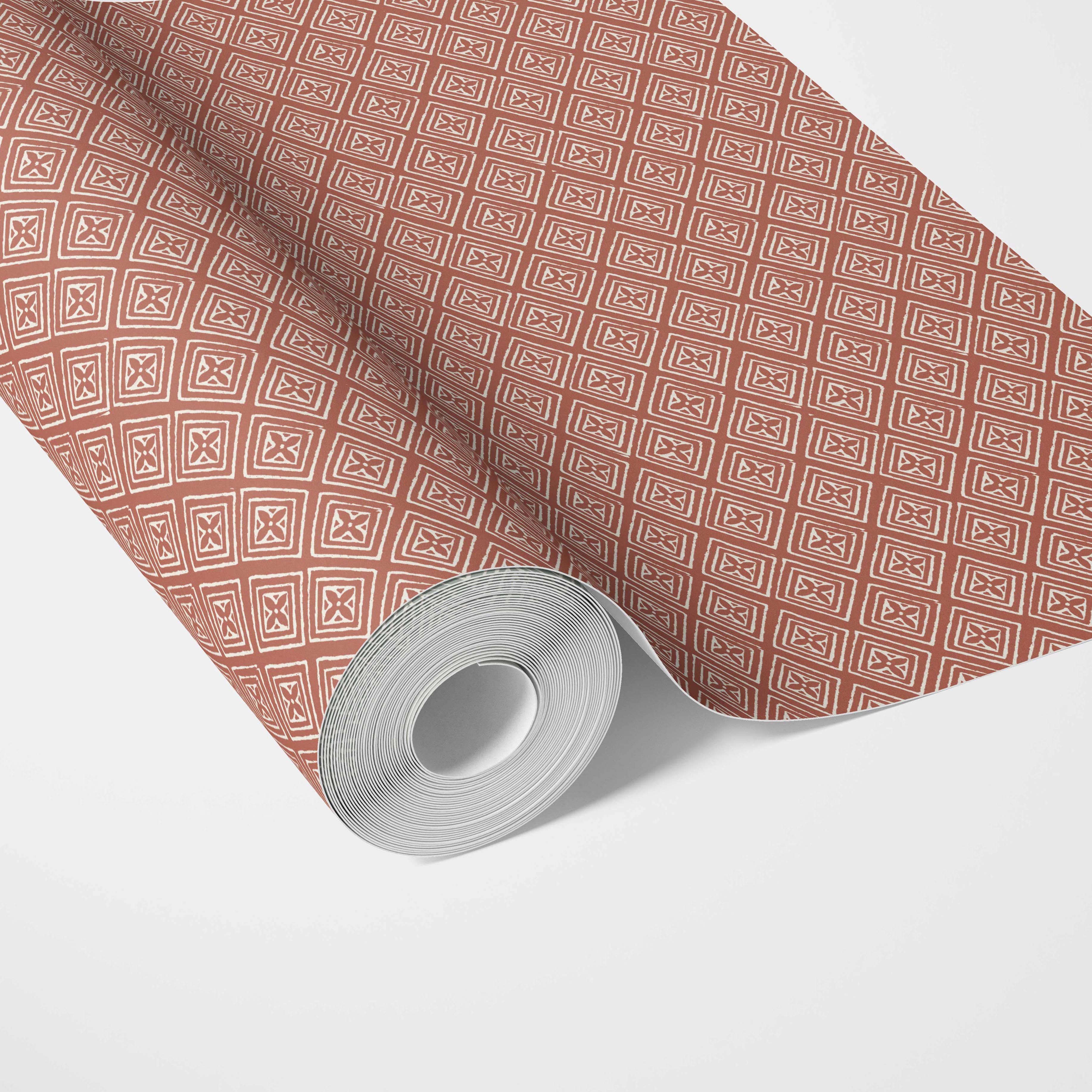 Small Diamond Lattice/ Textured Check Traditional Wallpaper Sample (Terracotta Red/ White)