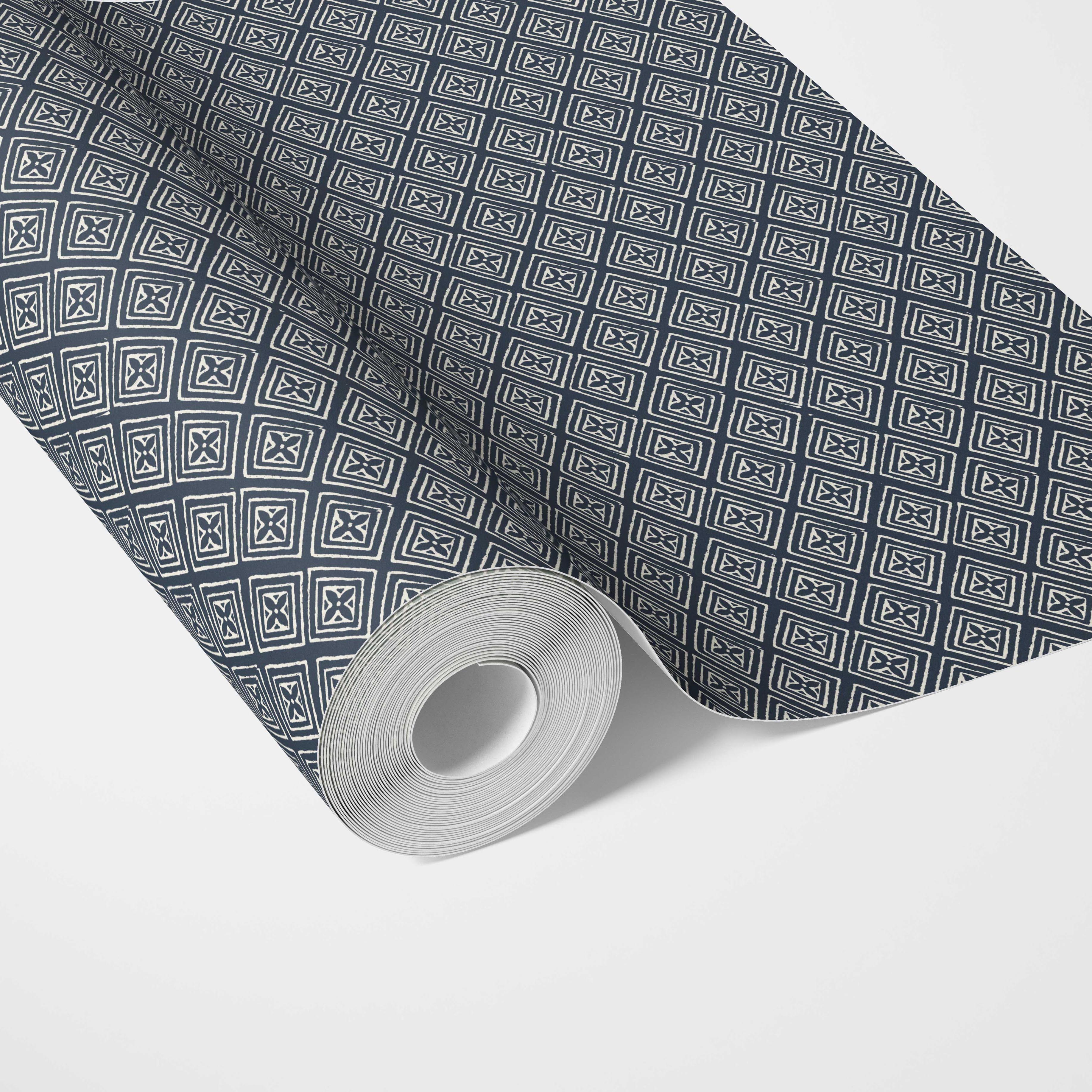 Small Diamond Lattice/ Textured Check Traditional Wallpaper Sample (Midnight Blue/ White)